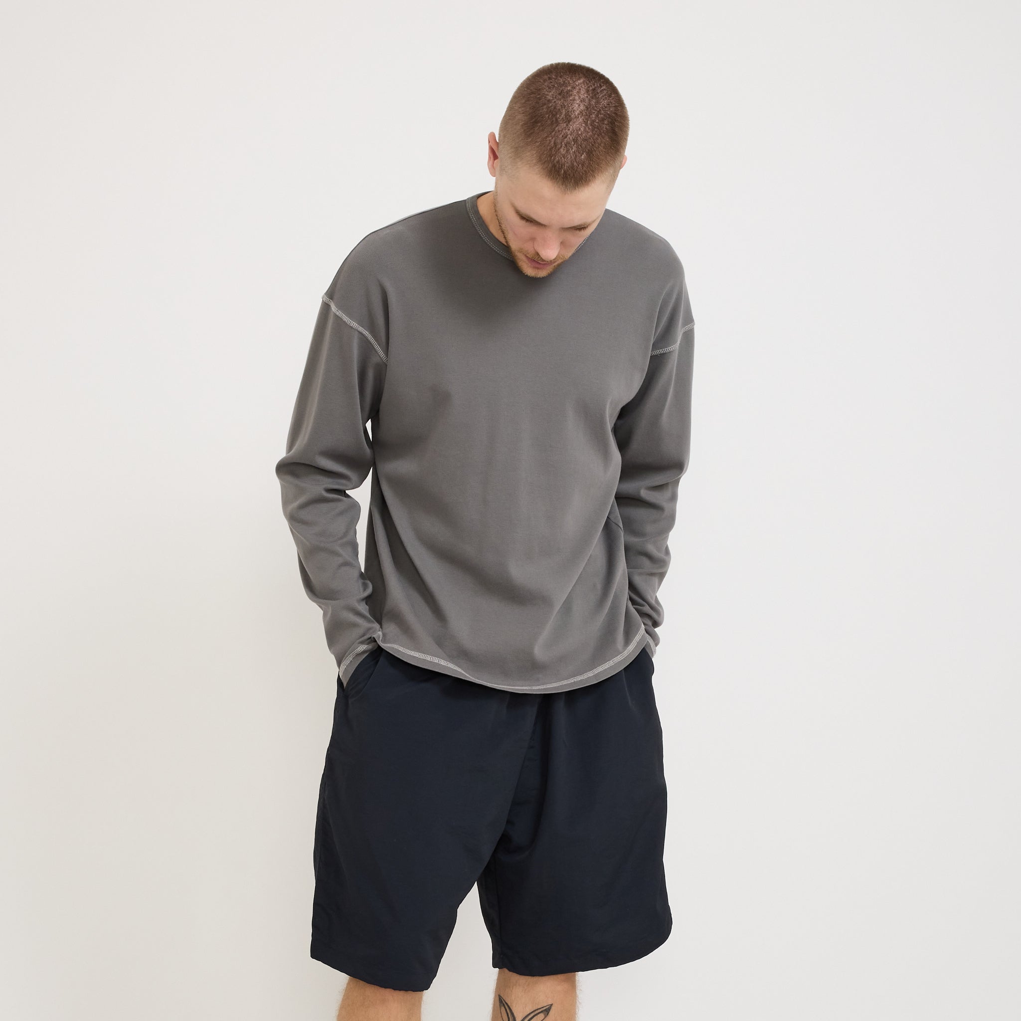 Heavy Rib Knit Long Sleeve Tee Grey