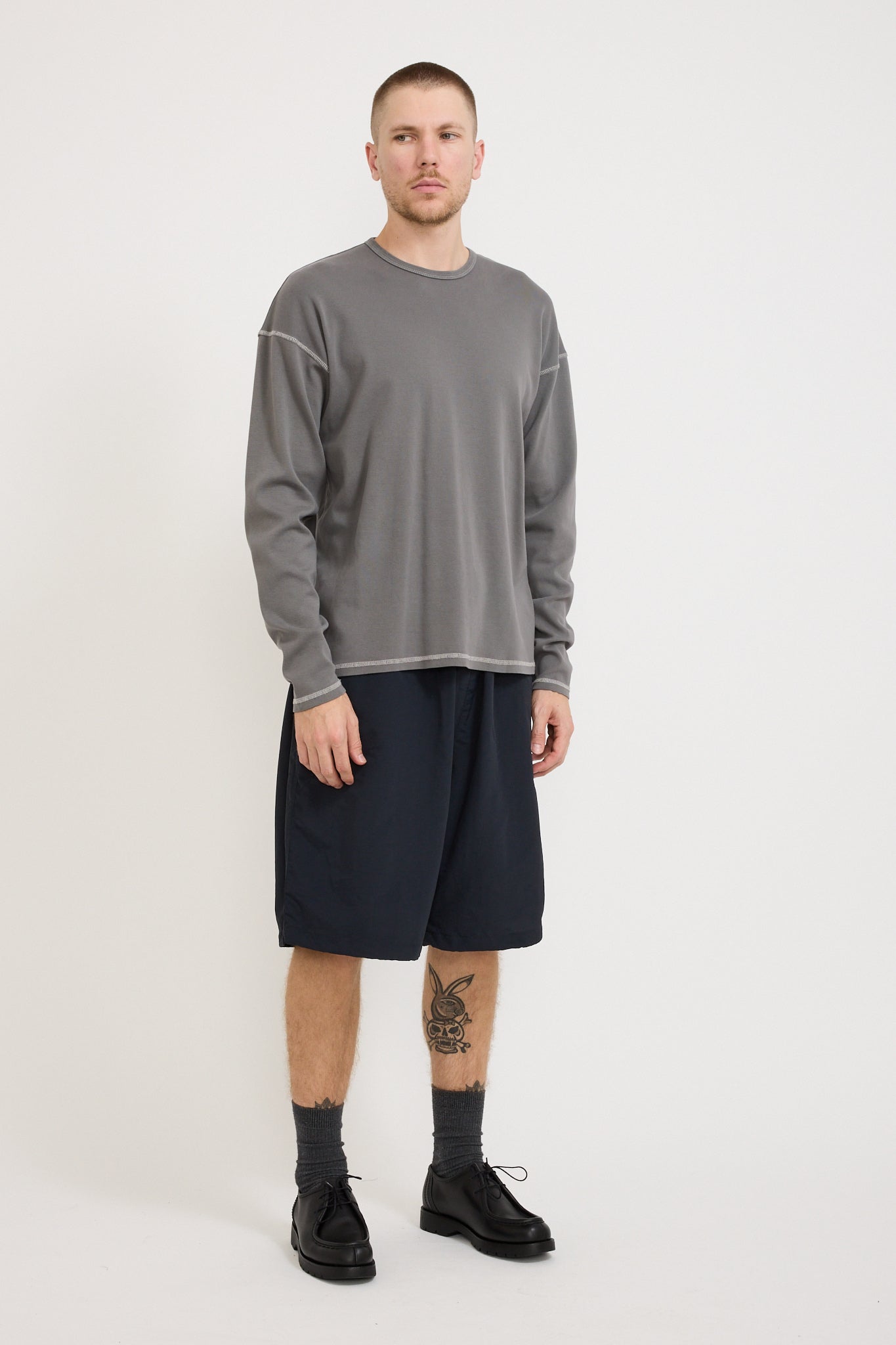 Heavy Rib Knit Long Sleeve Tee Grey