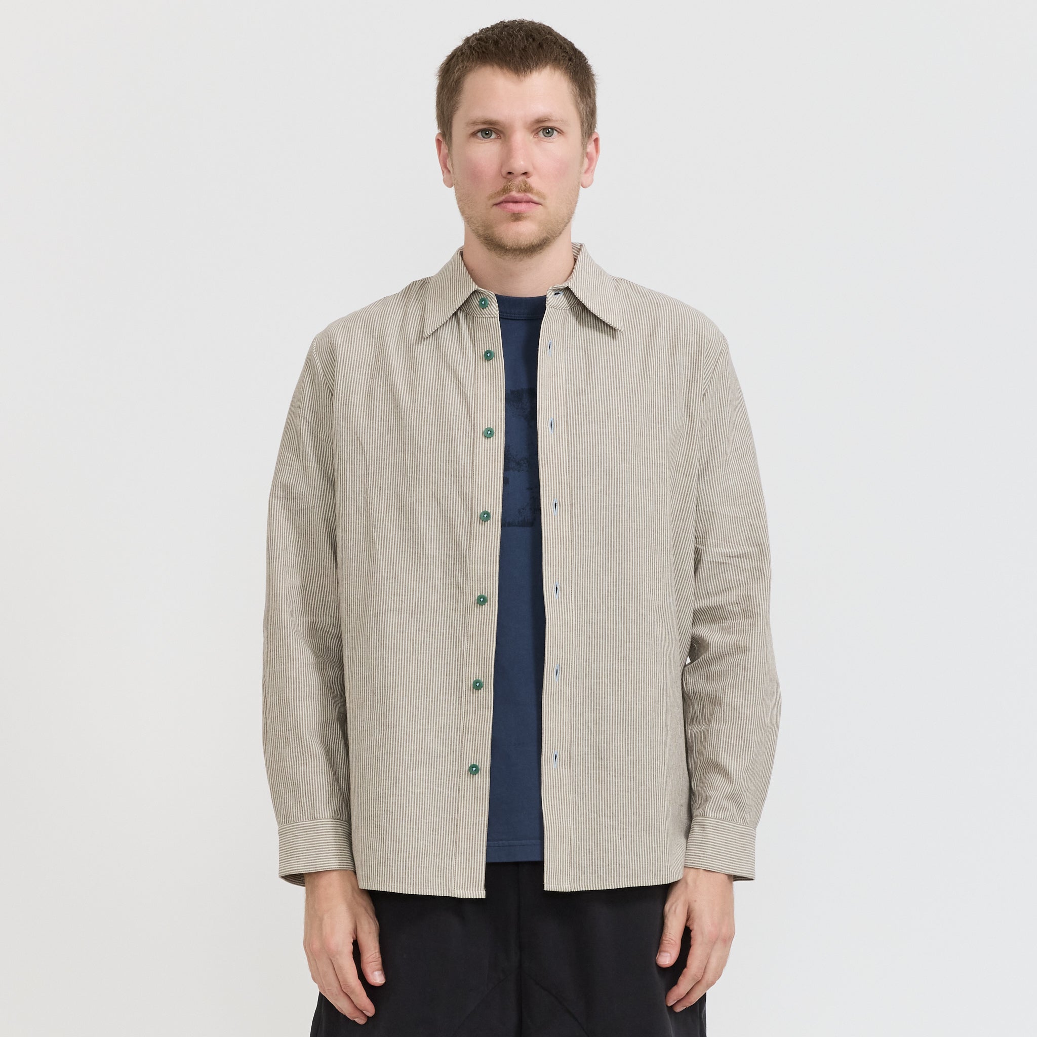 Pseushi | L/S Linen Work Shirt Grey Stripe | Maplestore