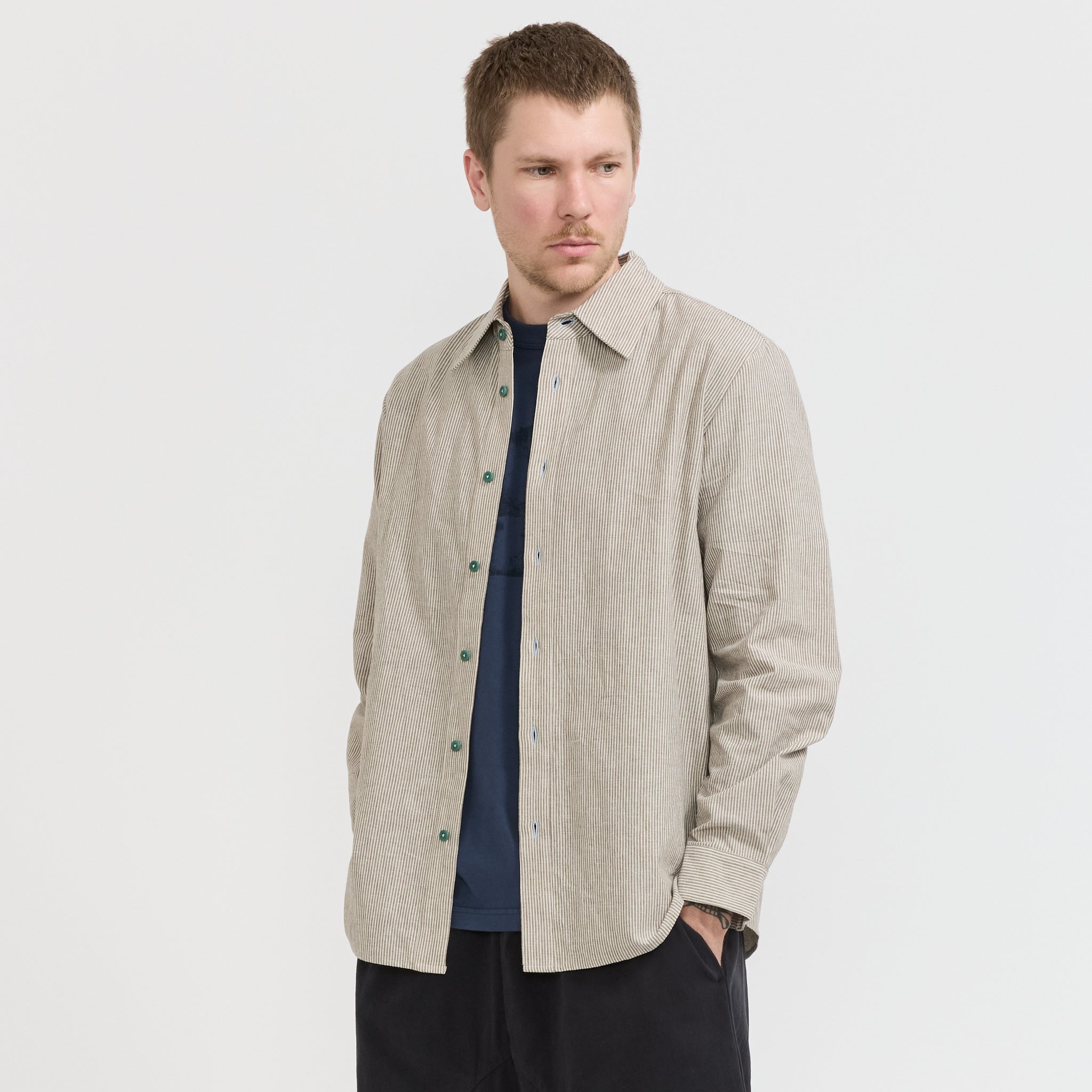 Pseushi | L/S Linen Work Shirt Grey Stripe | Maplestore