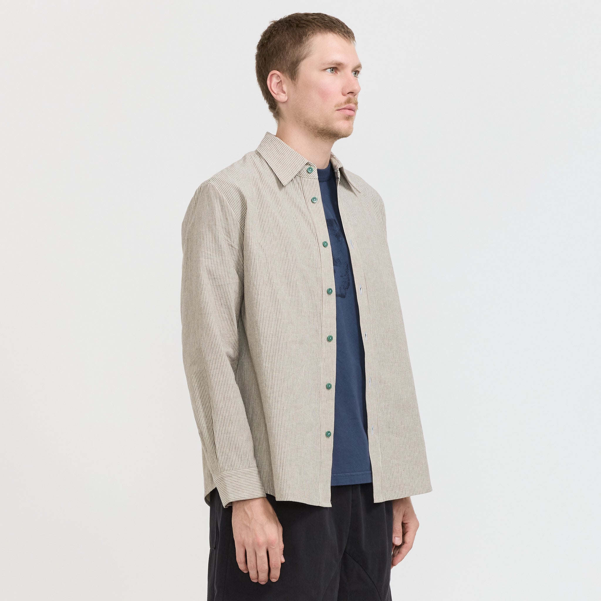 Pseushi | L/S Linen Work Shirt Grey Stripe | Maplestore