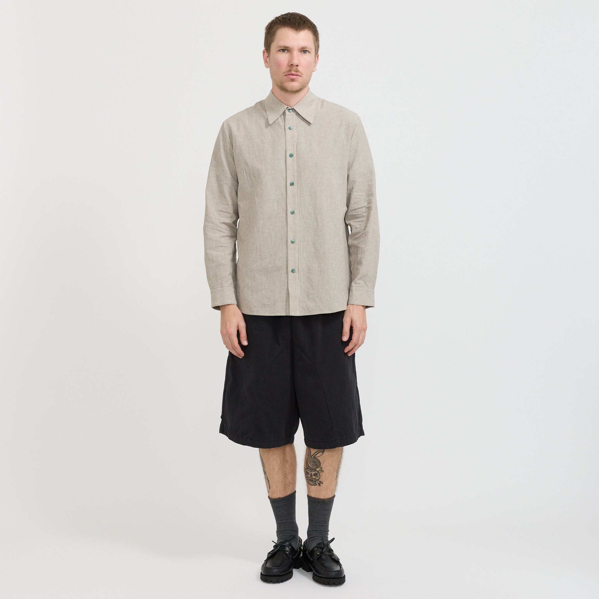 Pseushi | L/S Linen Work Shirt Grey Stripe | Maplestore