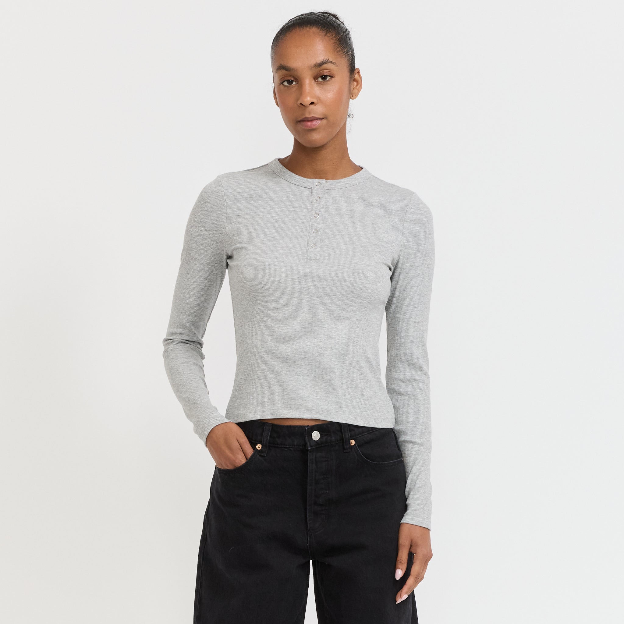 Rollas | Studio Henley Long Sleeve Top Grey Marle | Maplestore