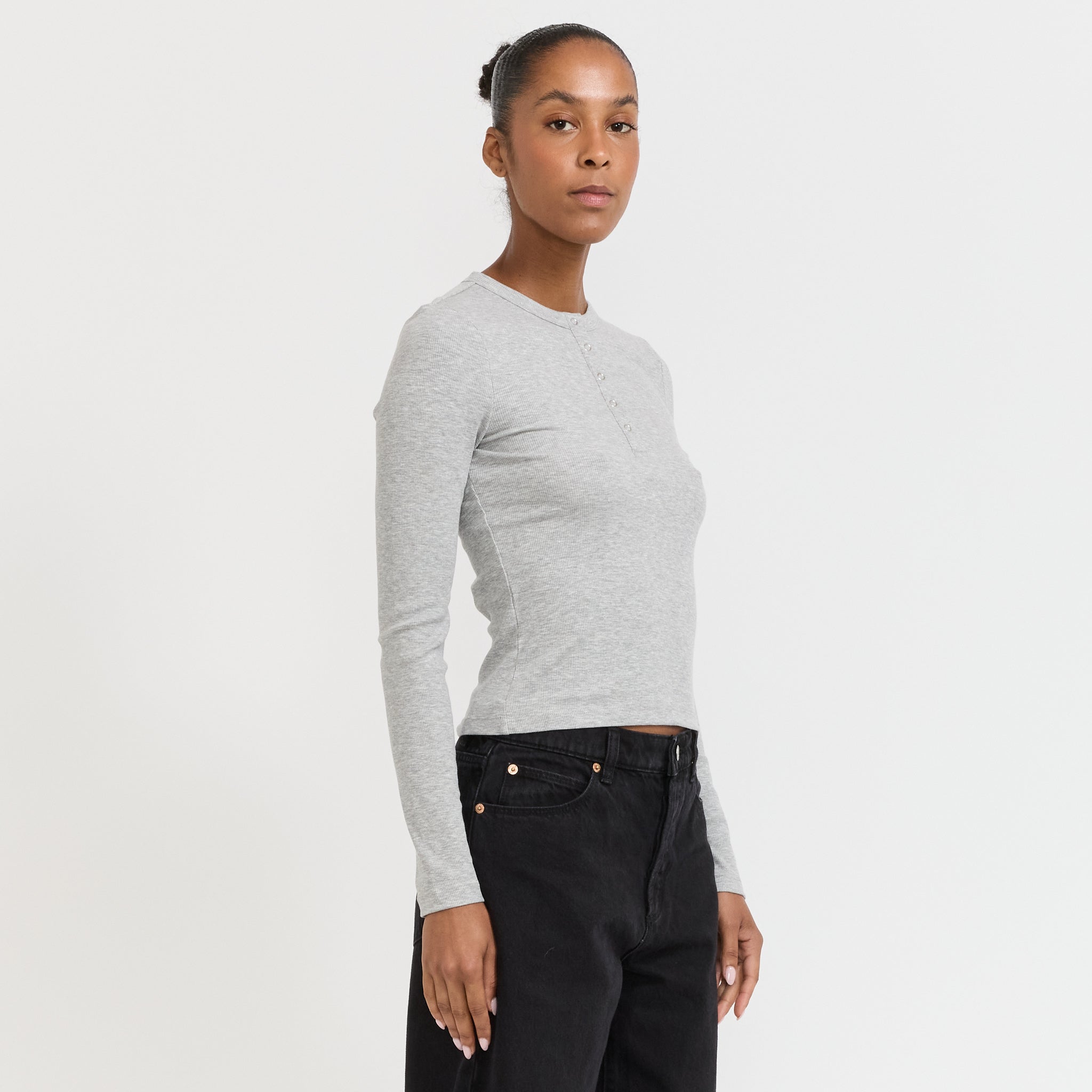 Rollas | Studio Henley Long Sleeve Top Grey Marle | Maplestore