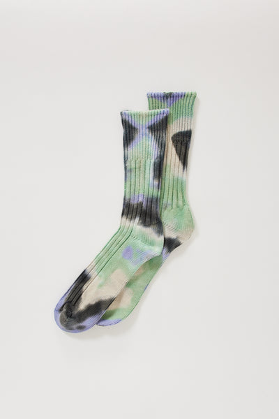 Rototo | Chunky Ribbed Crew Socks Tie Dye Black/Mint/Purple | Maplestore
