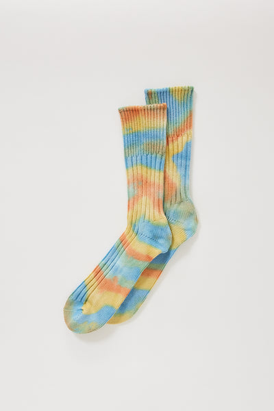 Rototo | Chunky Ribbed Crew Socks Tie Dye Orange/Light Blue/Light Yellow | Maplestore