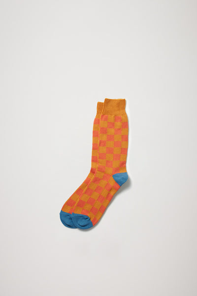 Rototo | Checkerboard Crew Socks Light Orange/Terracotta/Light Blue | Maplestore