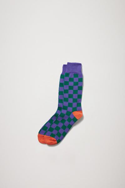 Rototo | Checkerboard Crew Socks Purple/Green/Terracotta | Maplestore