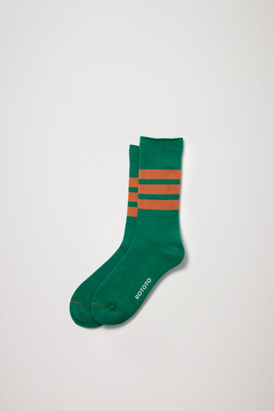 Rototo | Fine Pile Striped Crew Socks Green/Dark Orange | Maplestore