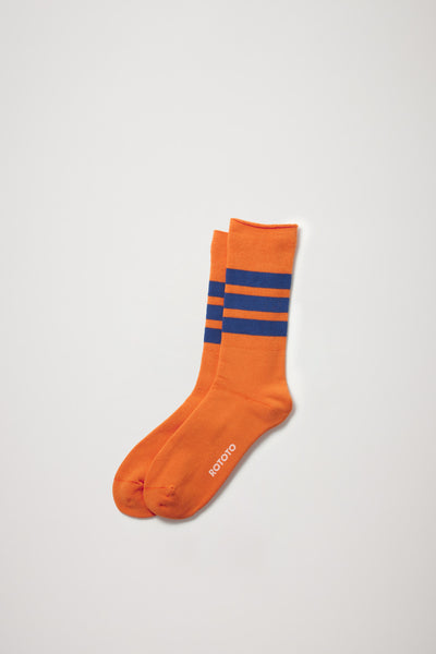 Rototo | Fine Pile Striped Crew Socks Orange/Dark Blue | Maplestore