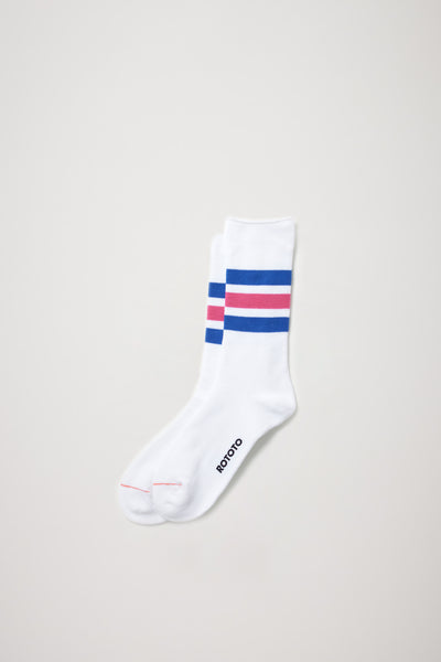 Rototo | Fine Pile Striped Crew Socks White/Blue/Pink | Maplestore