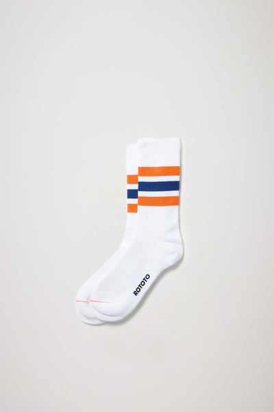 Rototo | Fine Pile Striped Crew Socks White/Orange/Dark Blue | Maplestore