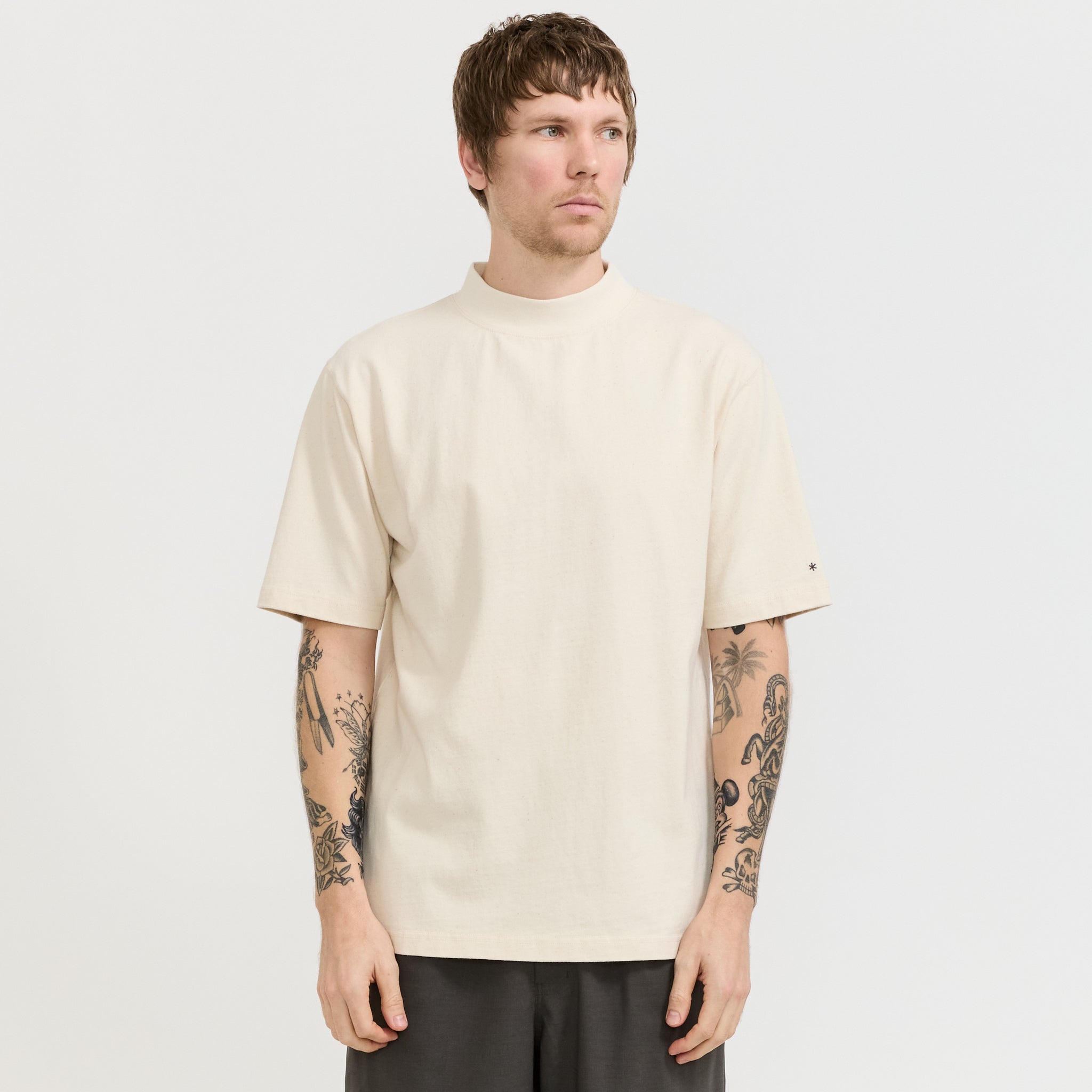 Recycled Cotton Mock Neck T-Shirt Oatmeal