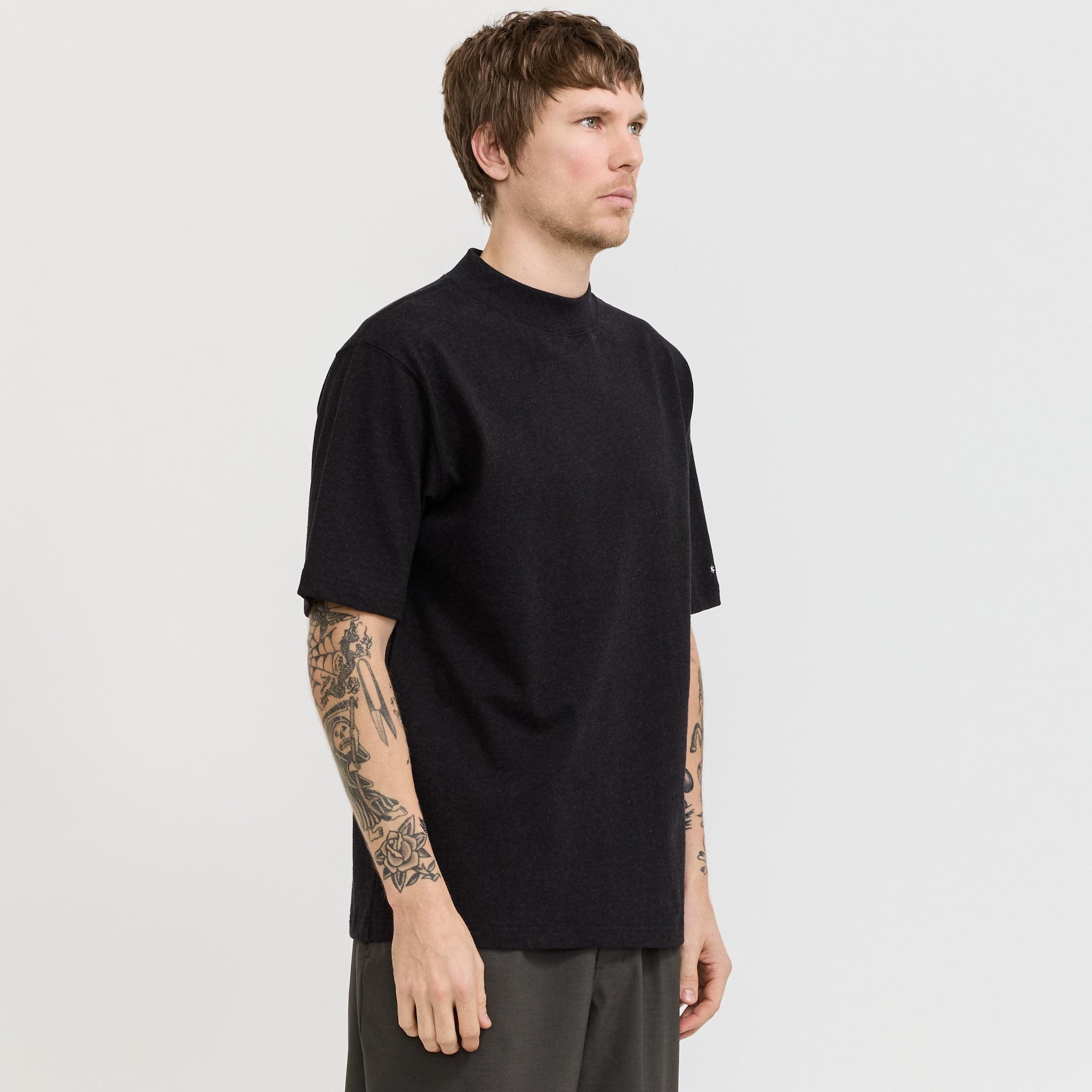Recycled Cotton Mock Neck T-Shirt Black