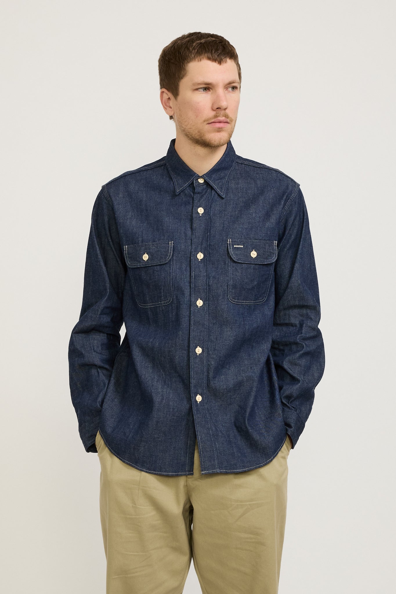 Sugar Cane | Blue Denim L/S Work Shirt | Maplestore