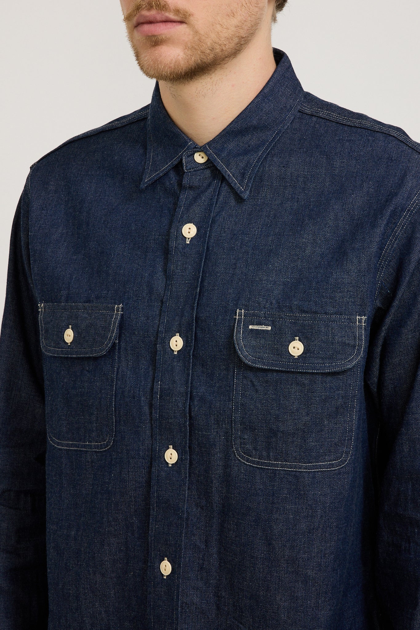 Sugar Cane | Blue Denim L/S Work Shirt | Maplestore