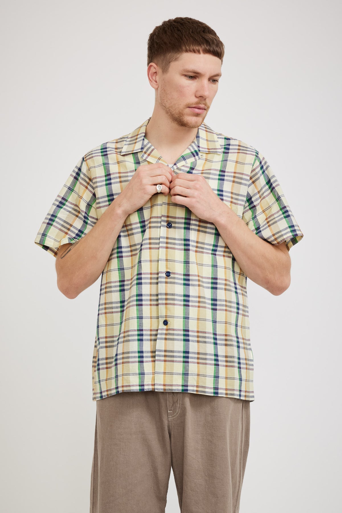 Sugar Cane Madras Check S/S Open Shirt Beige | Maplestore