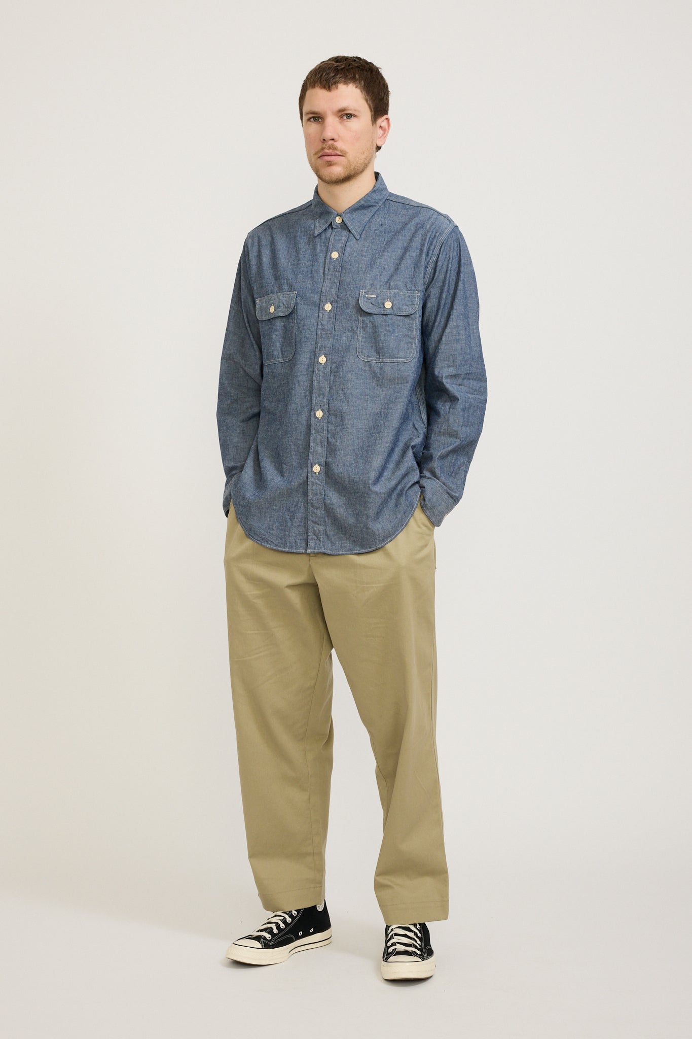 Sugar Cane | Blue Chambray L/S Work Shirt | Maplestore