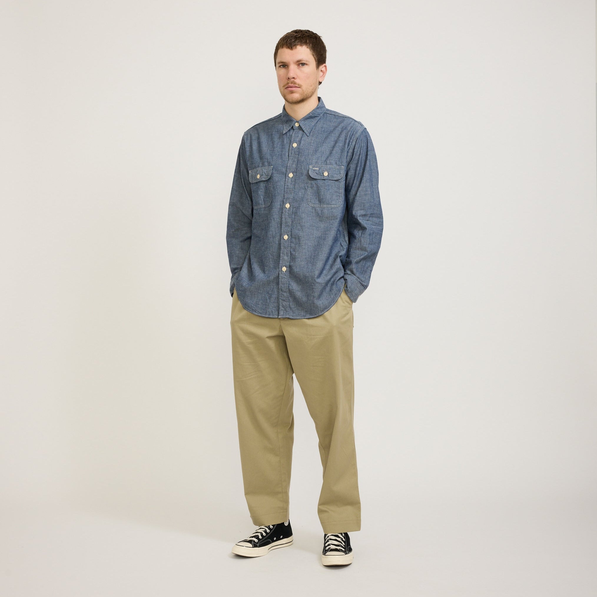 Sugar Cane | Blue Chambray L/S Work Shirt | Maplestore
