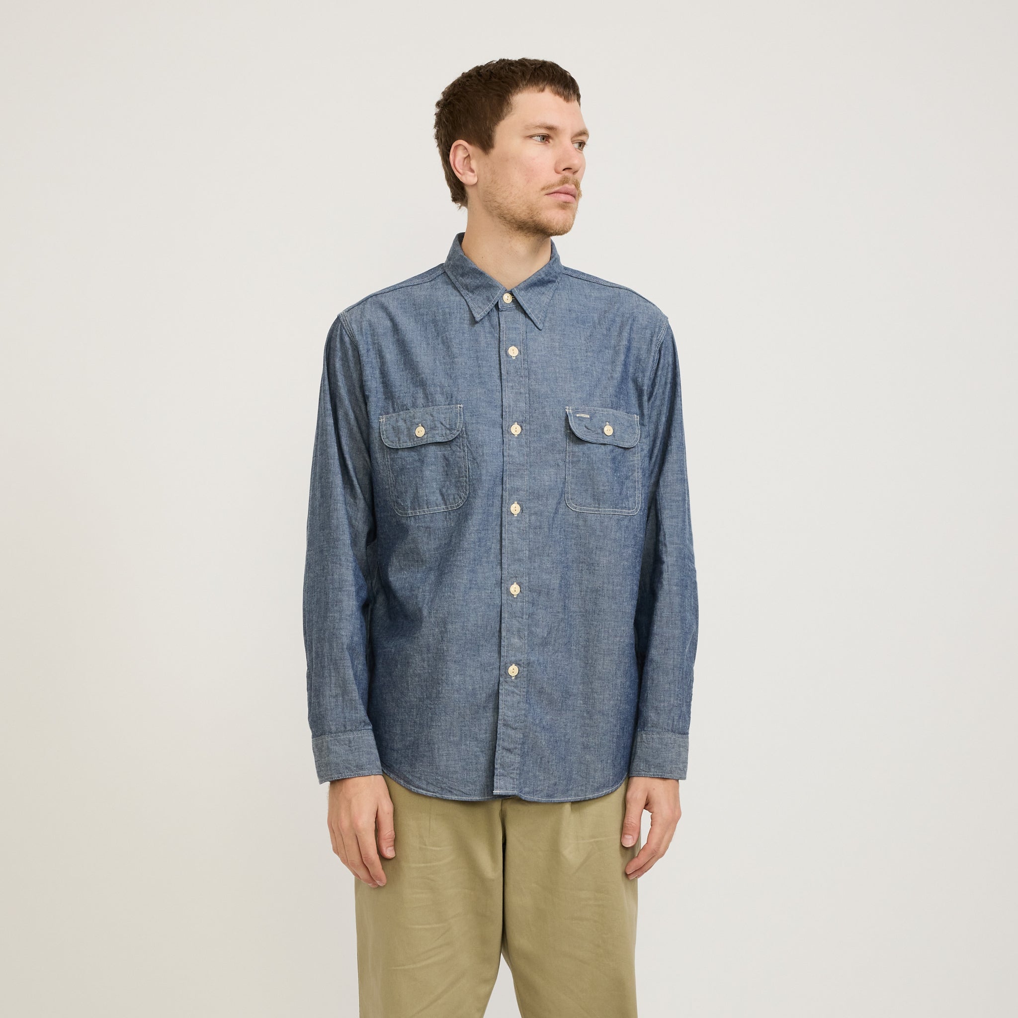 Sugar Cane | Blue Chambray L/S Work Shirt | Maplestore