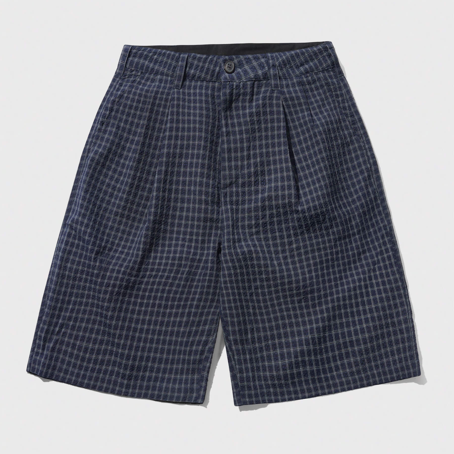 Seersucker Pleated Shorts Navy Plaid