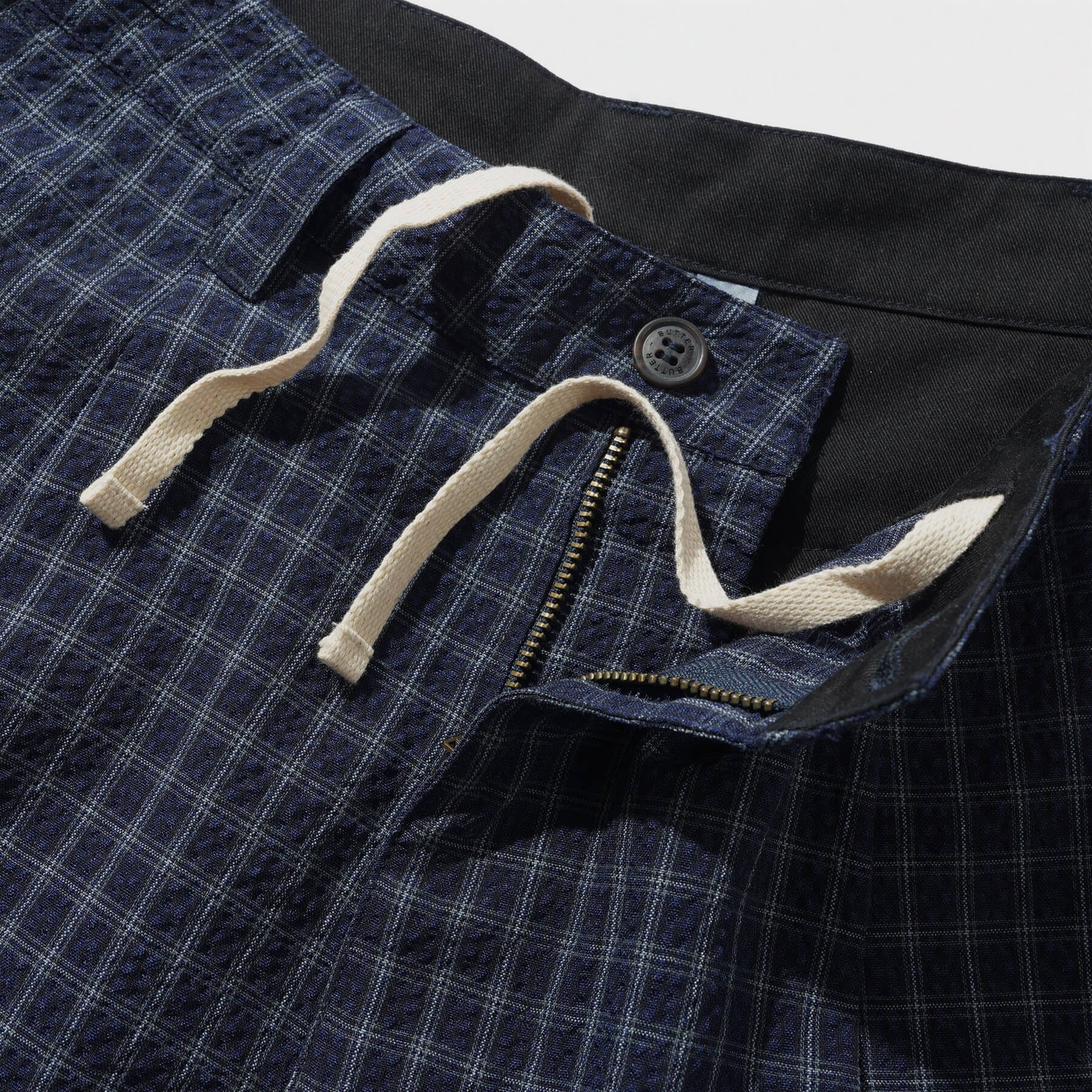 Seersucker Pleated Shorts Navy Plaid