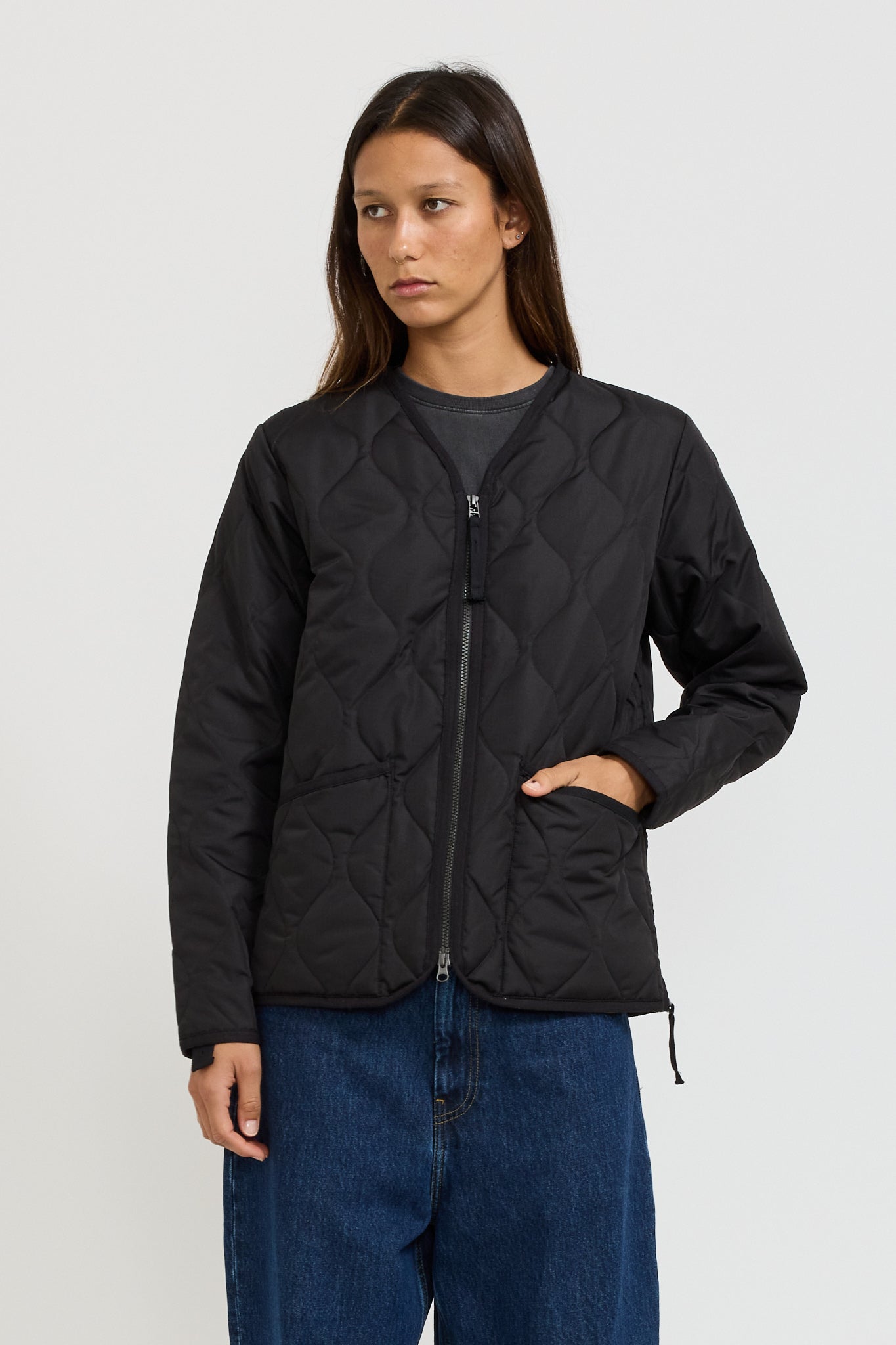 Women's Military Zip V Neck Down Jacket Black