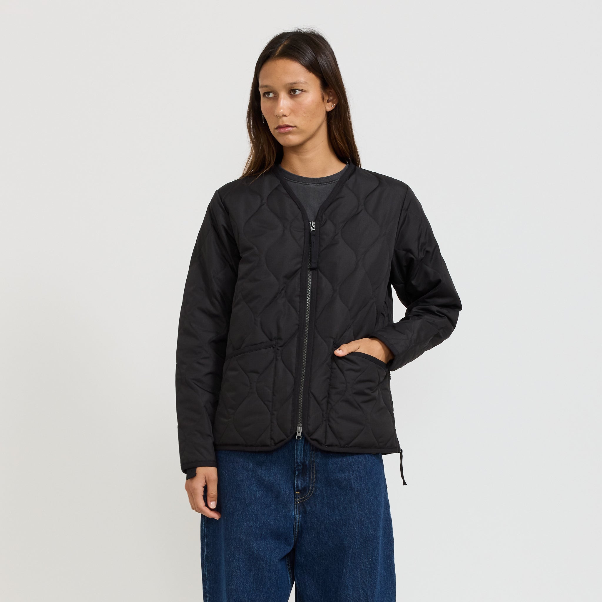 Women's Military Zip V Neck Down Jacket Black
