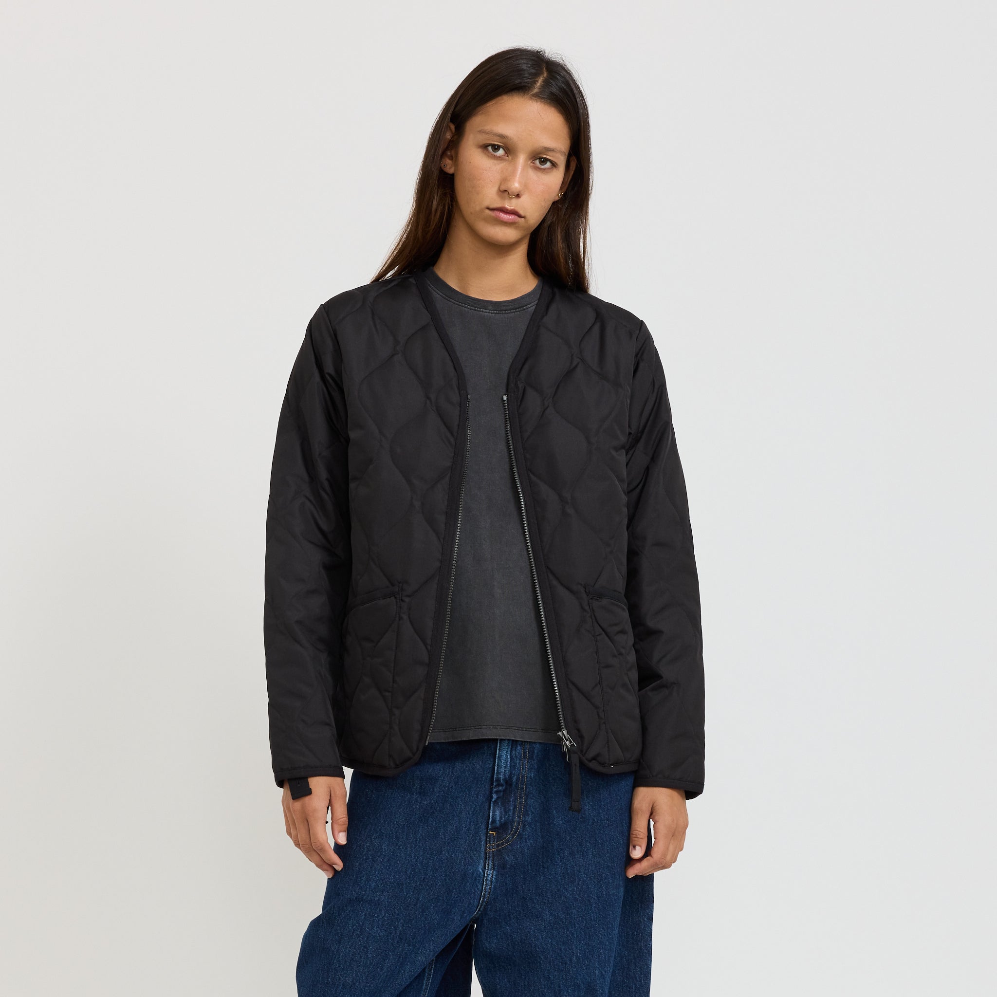 Women's Military Zip V Neck Down Jacket Black