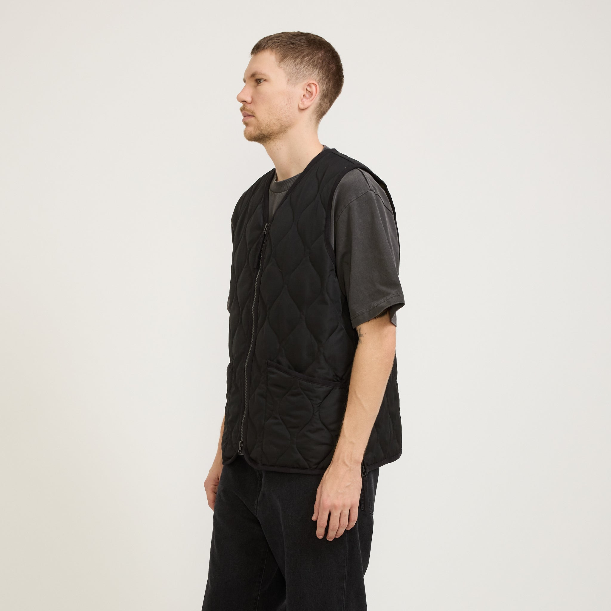 Military Zip V Neck Down Vest Black