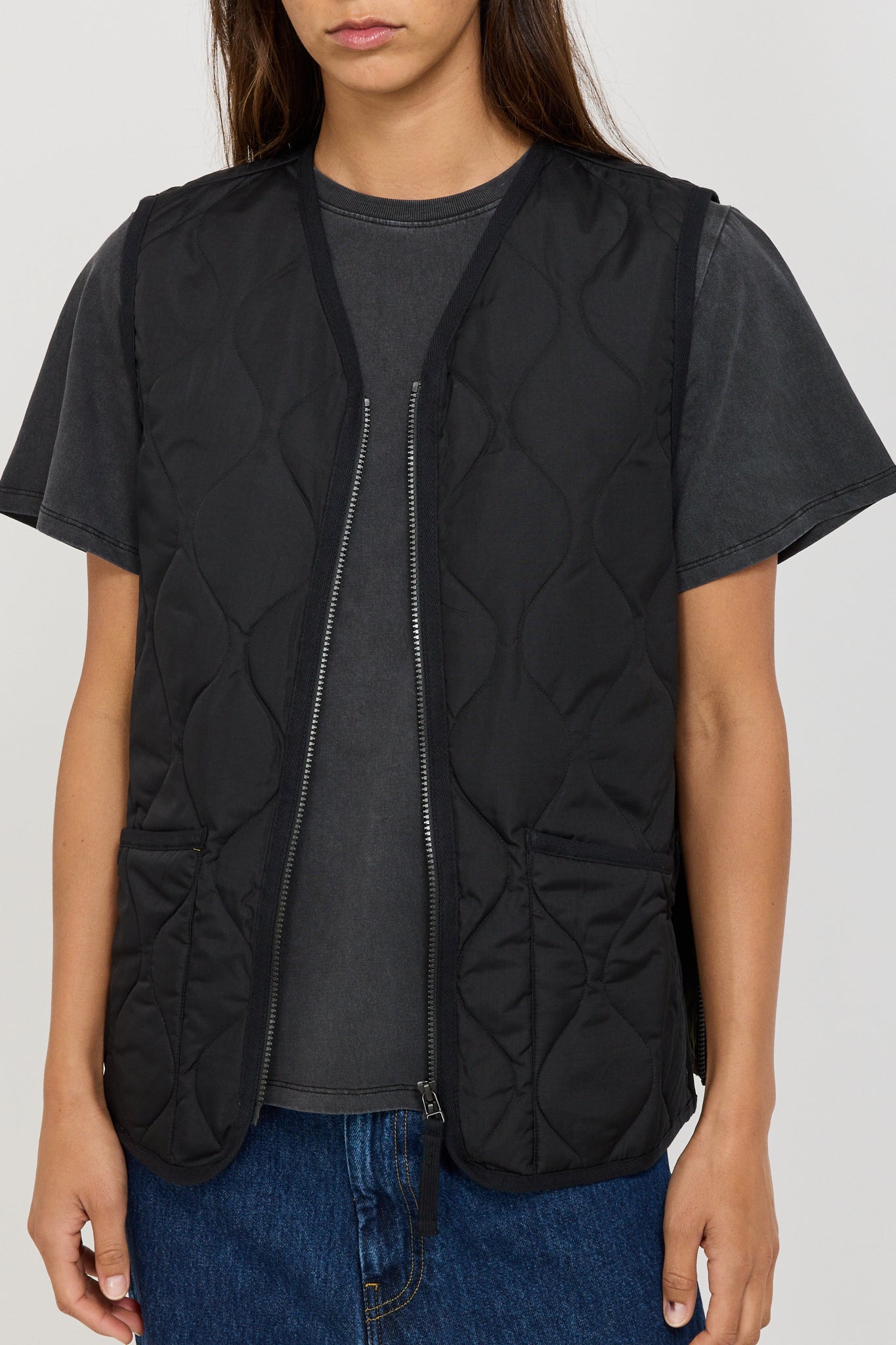 Women's Military Zip V Neck Down Vest Black