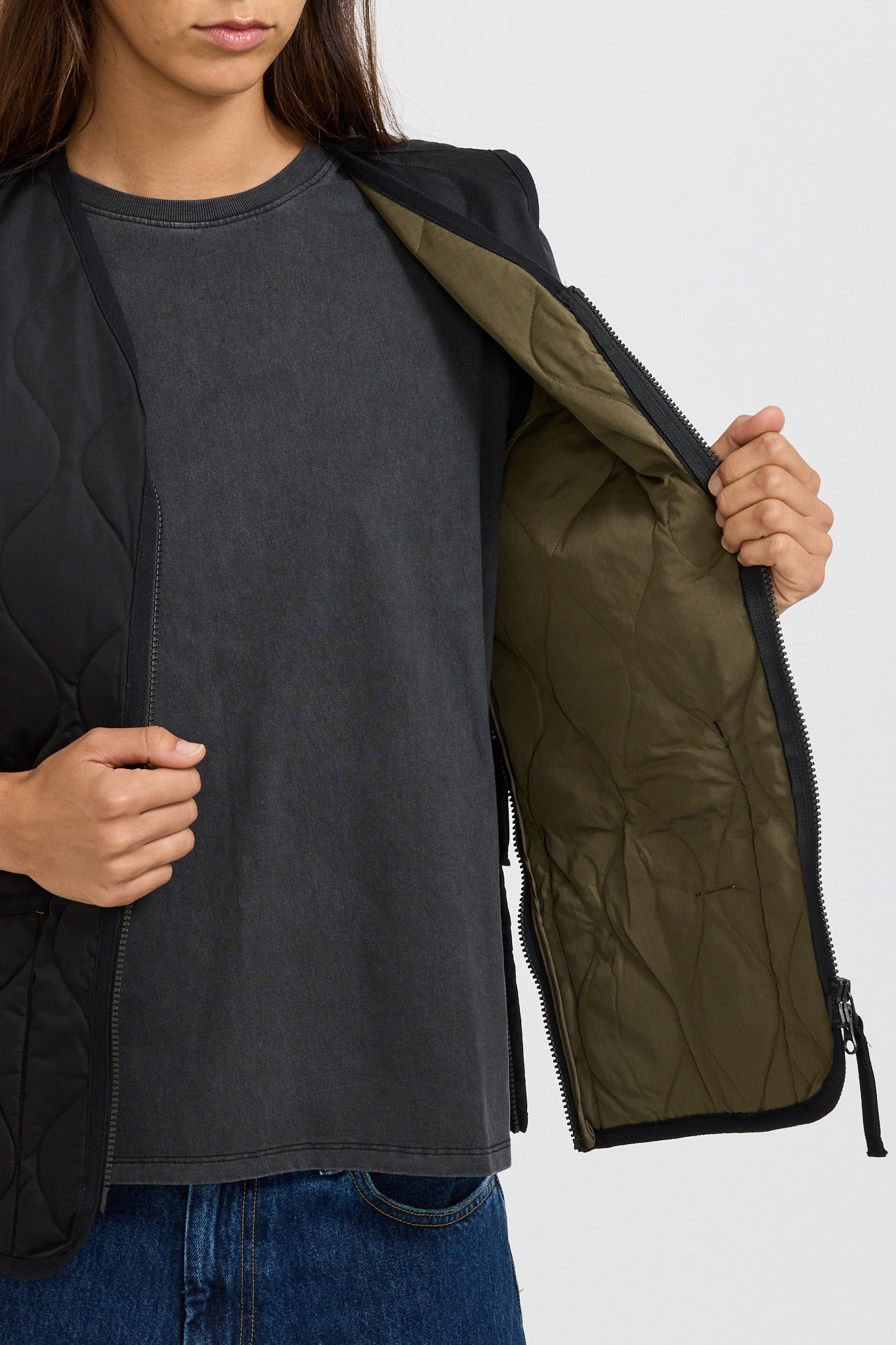 Women's Military Zip V Neck Down Vest Black