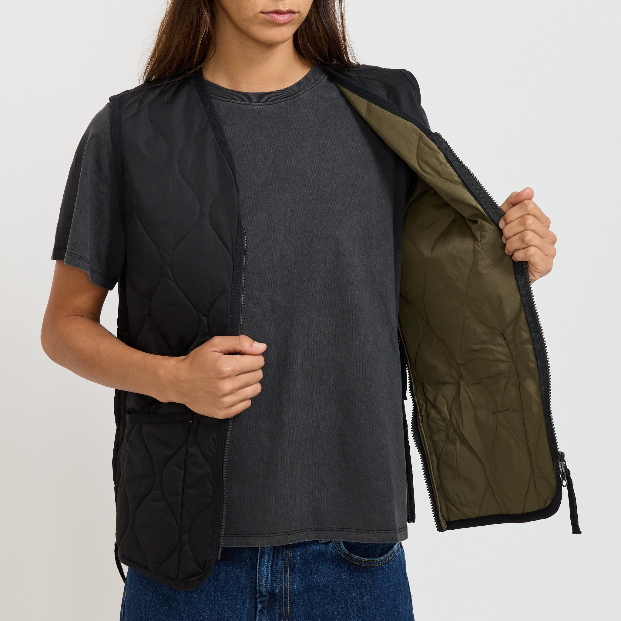 Women's Military Zip V Neck Down Vest Black