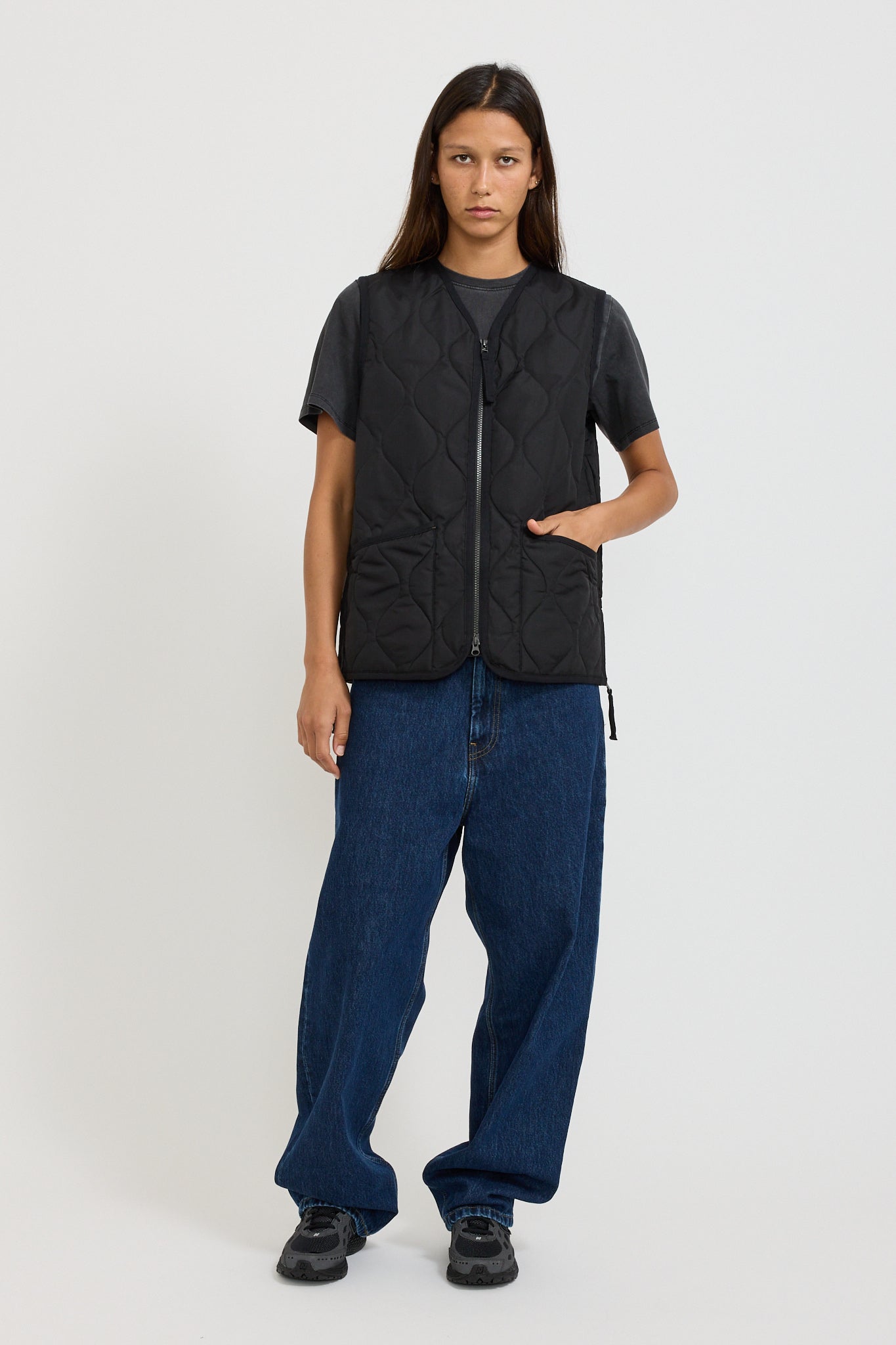 Women's Military Zip V Neck Down Vest Black