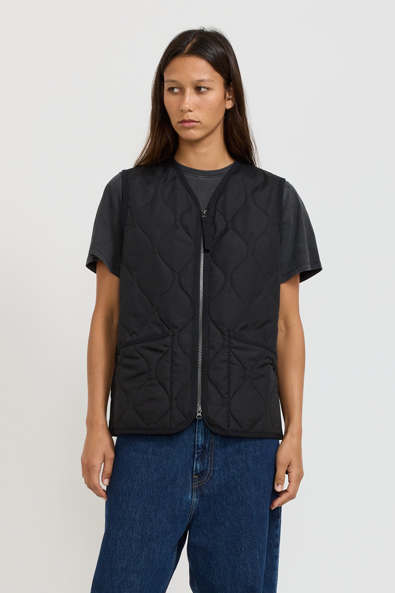 Women's Military Zip V Neck Down Vest Black