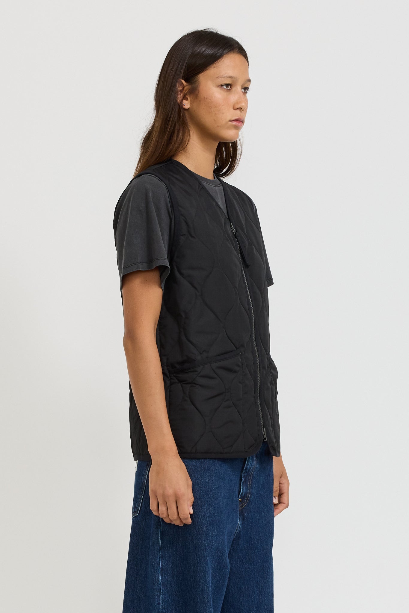 Women's Military Zip V Neck Down Vest Black