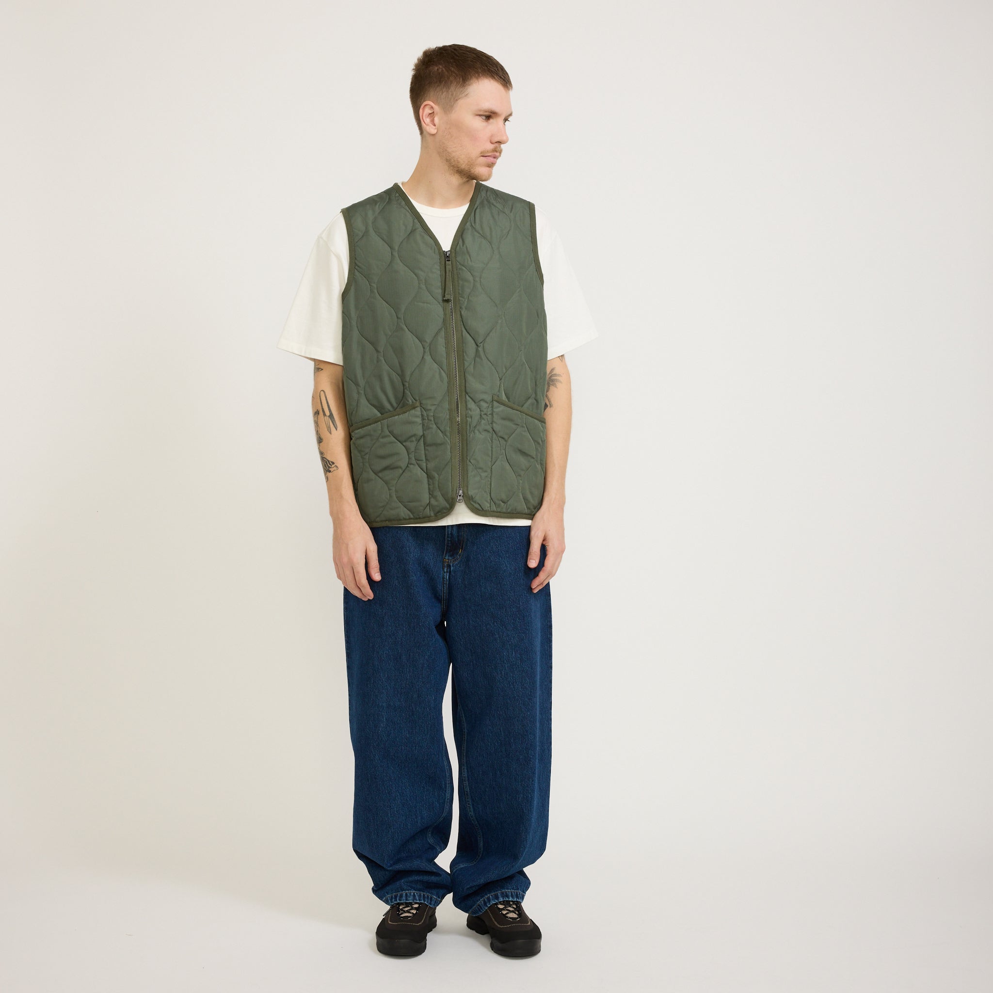 Military Zip V Neck Down Vest Olive