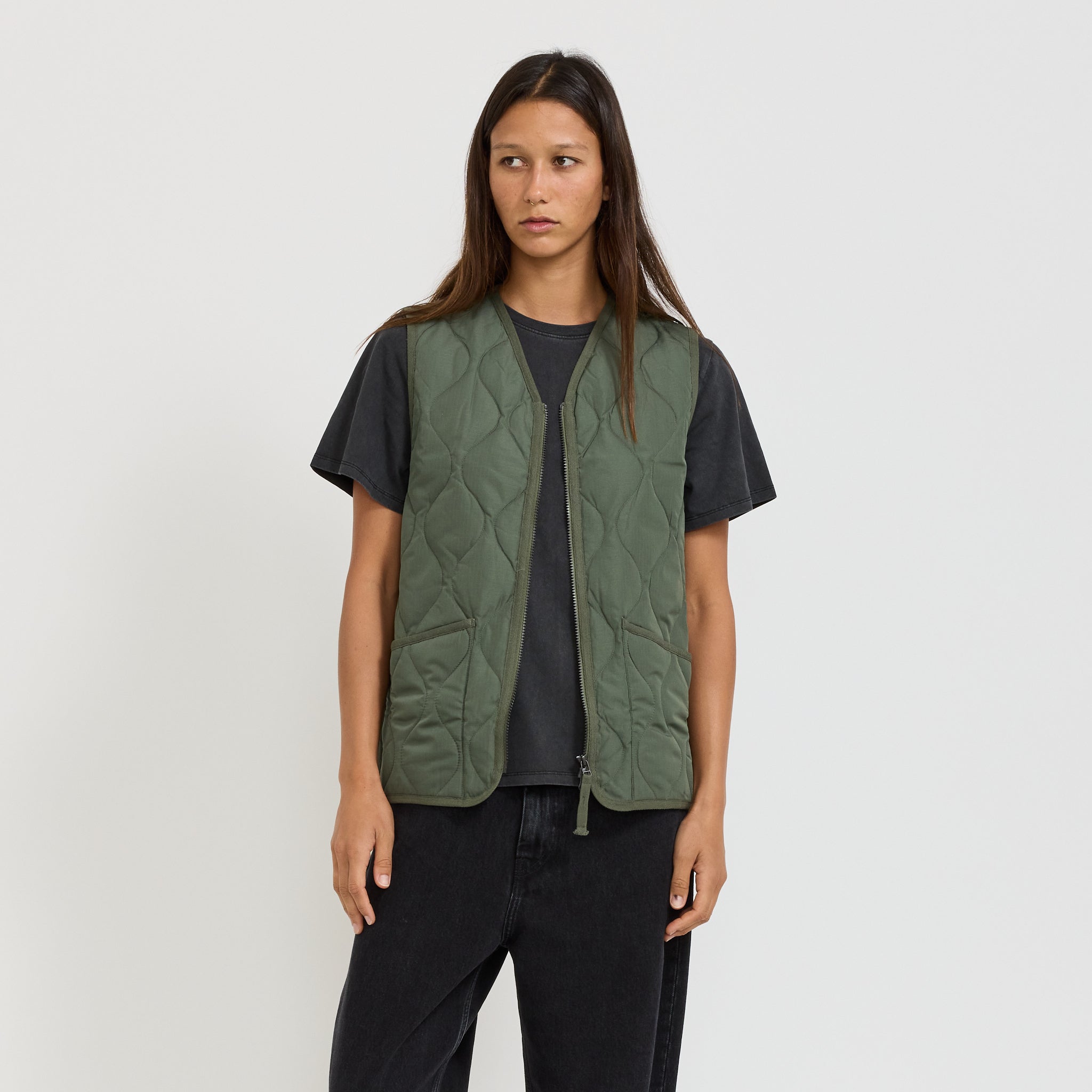Women's Military Zip V Neck Down Vest Olive