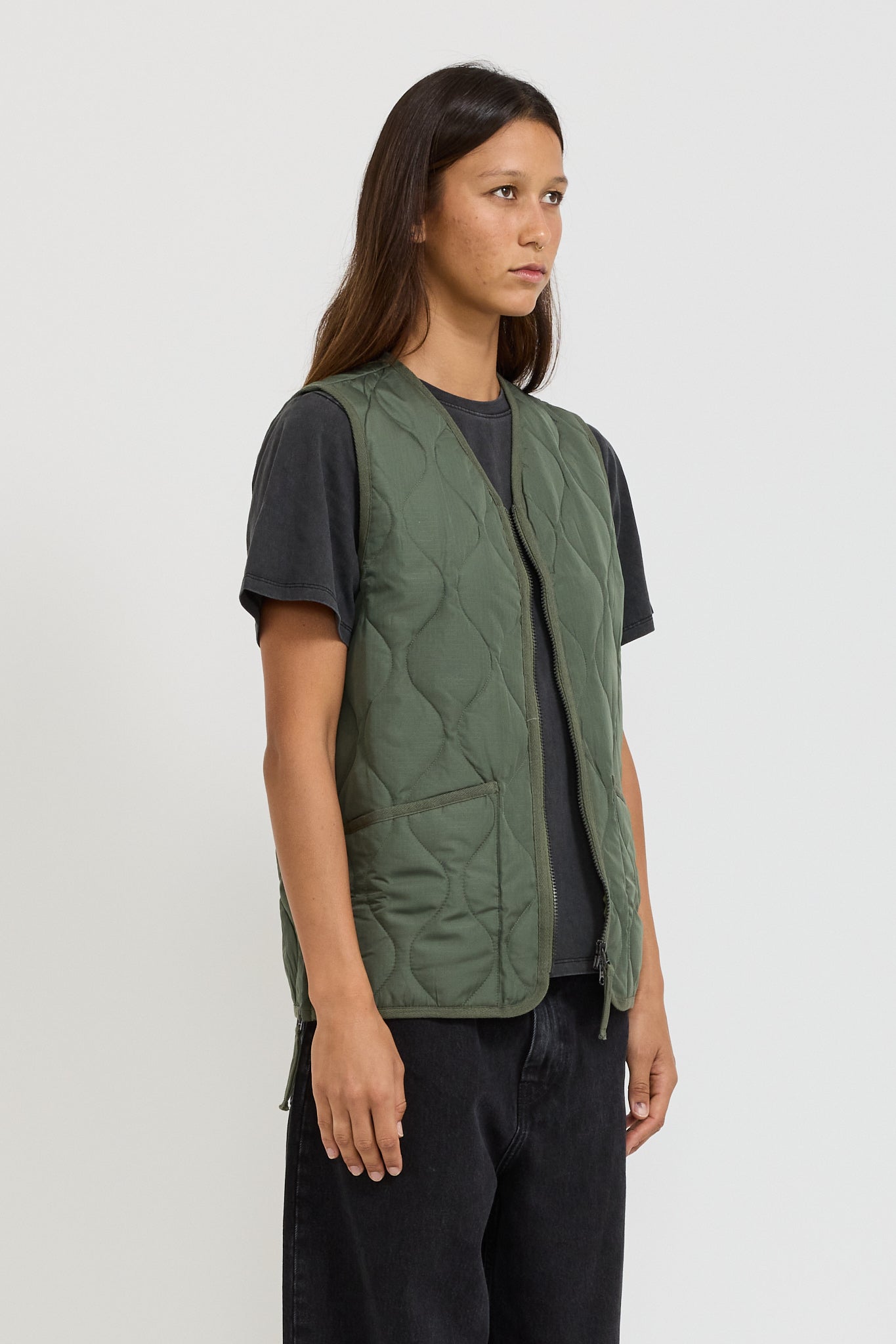 Women's Military Zip V Neck Down Vest Olive