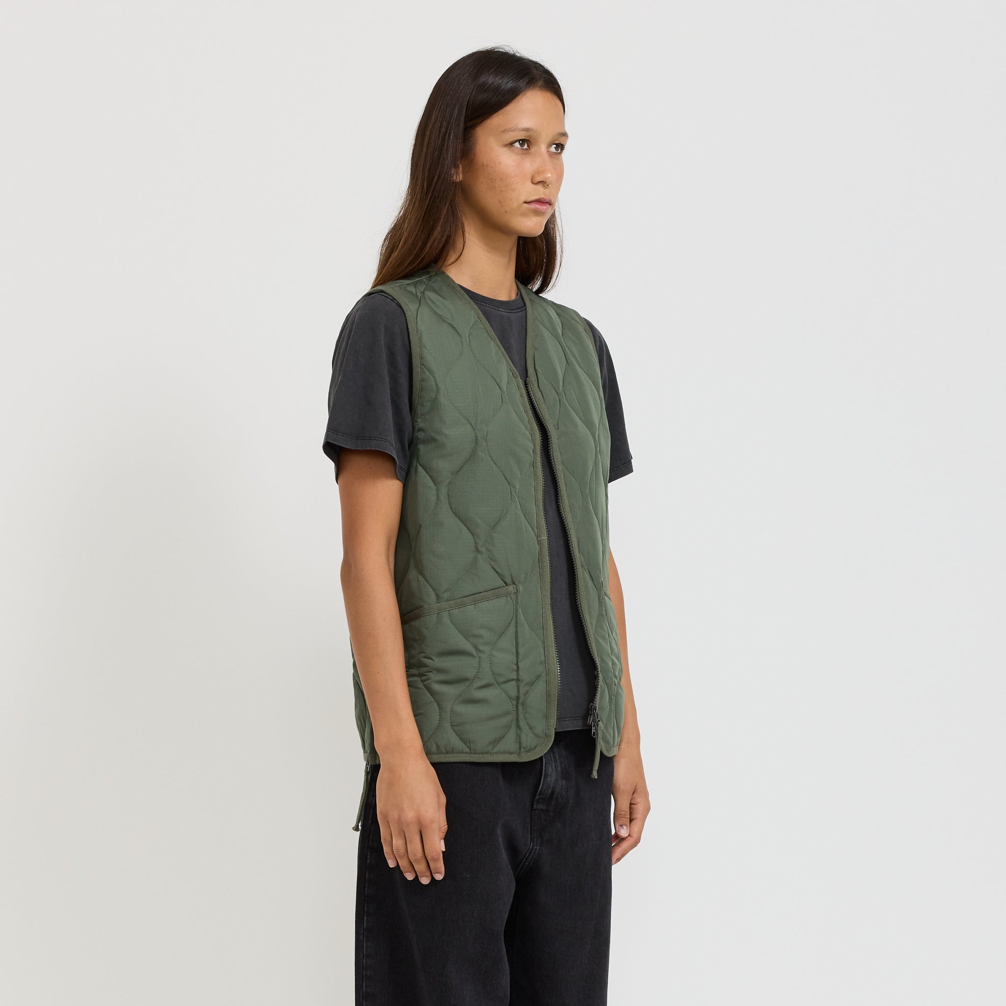 Women's Military Zip V Neck Down Vest Olive