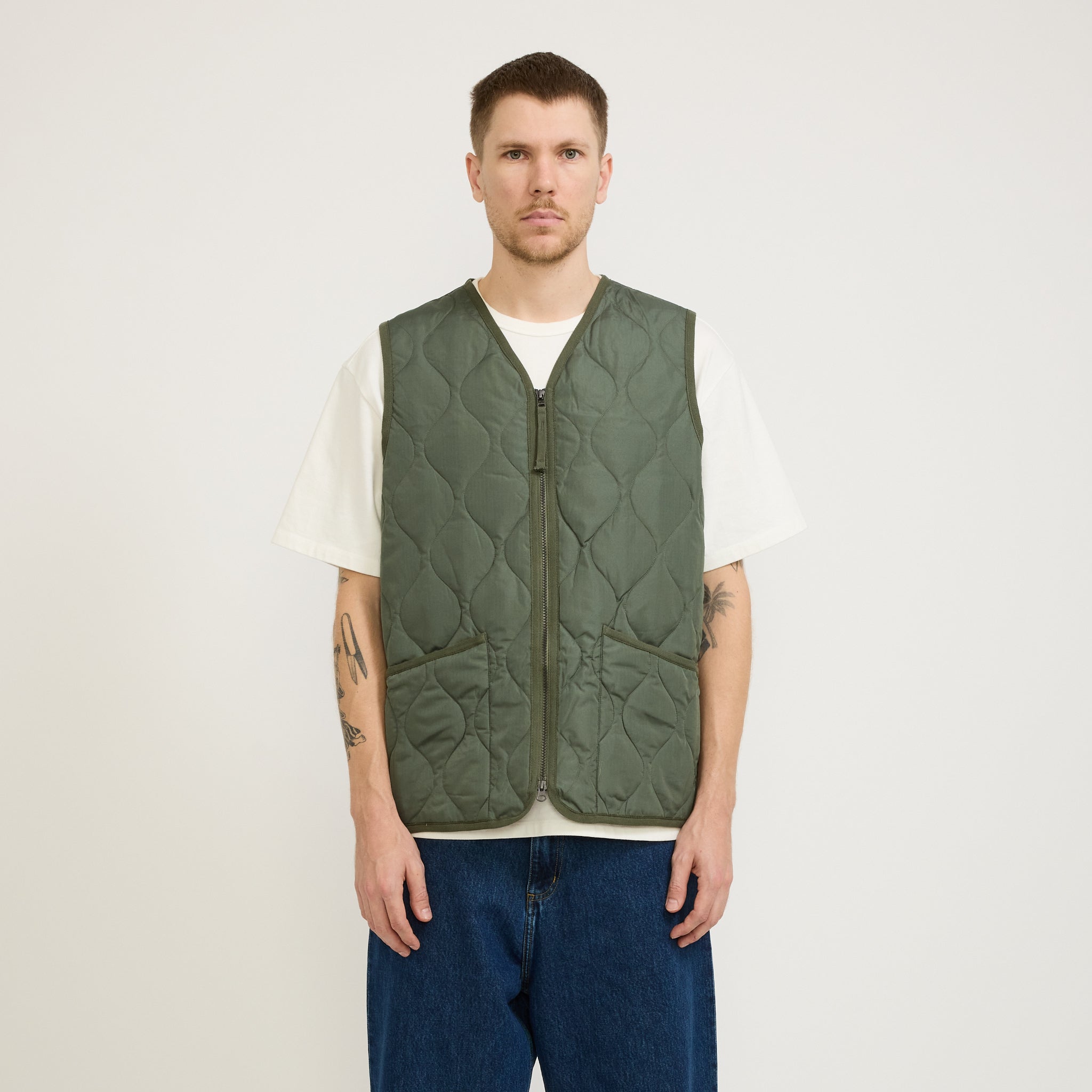 Military Zip V Neck Down Vest Olive