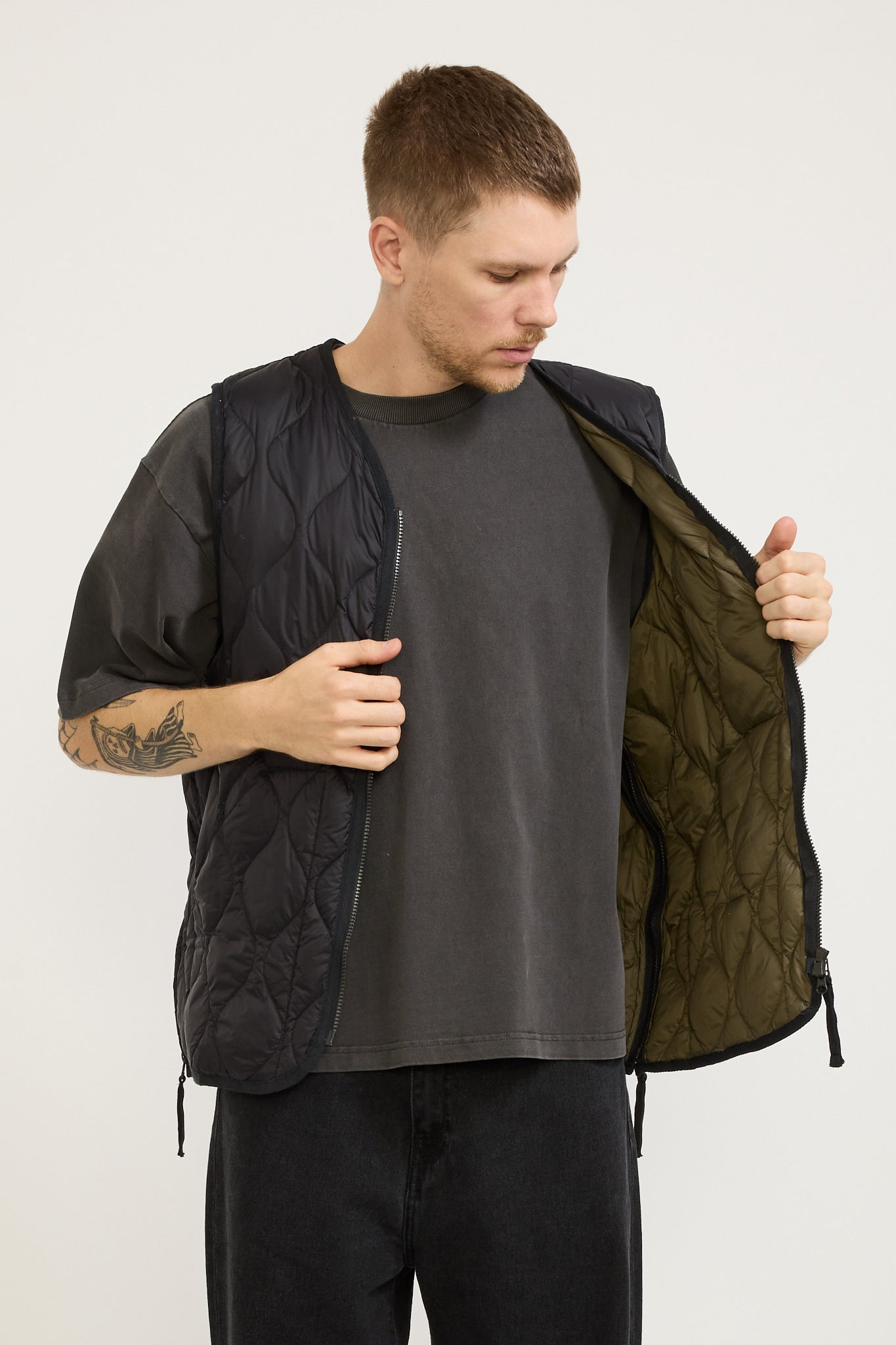 Military Zip V Neck Soft Shell Down Vest Black