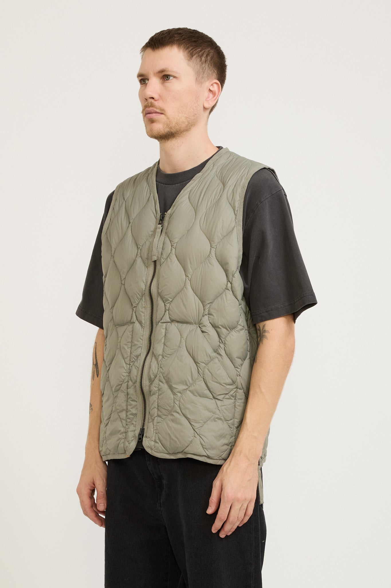 Military Zip V Neck Soft Shell Down Vest Dark Sage Green