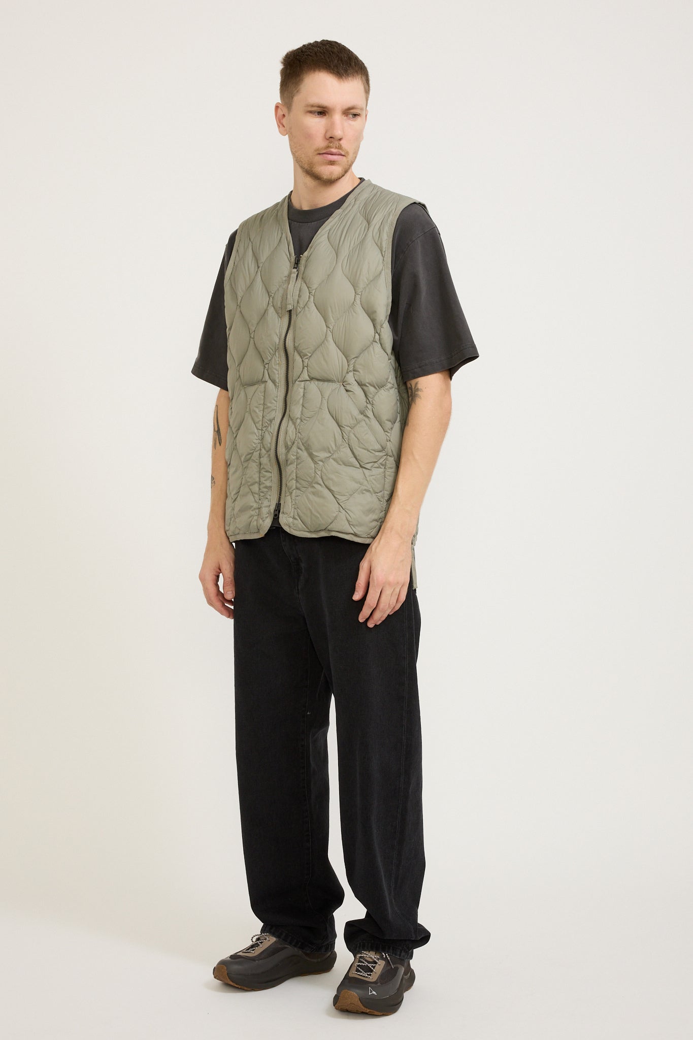 Taion | Military Zip V Neck Soft Shell Down Vest Dark Sage Green | Maplestore