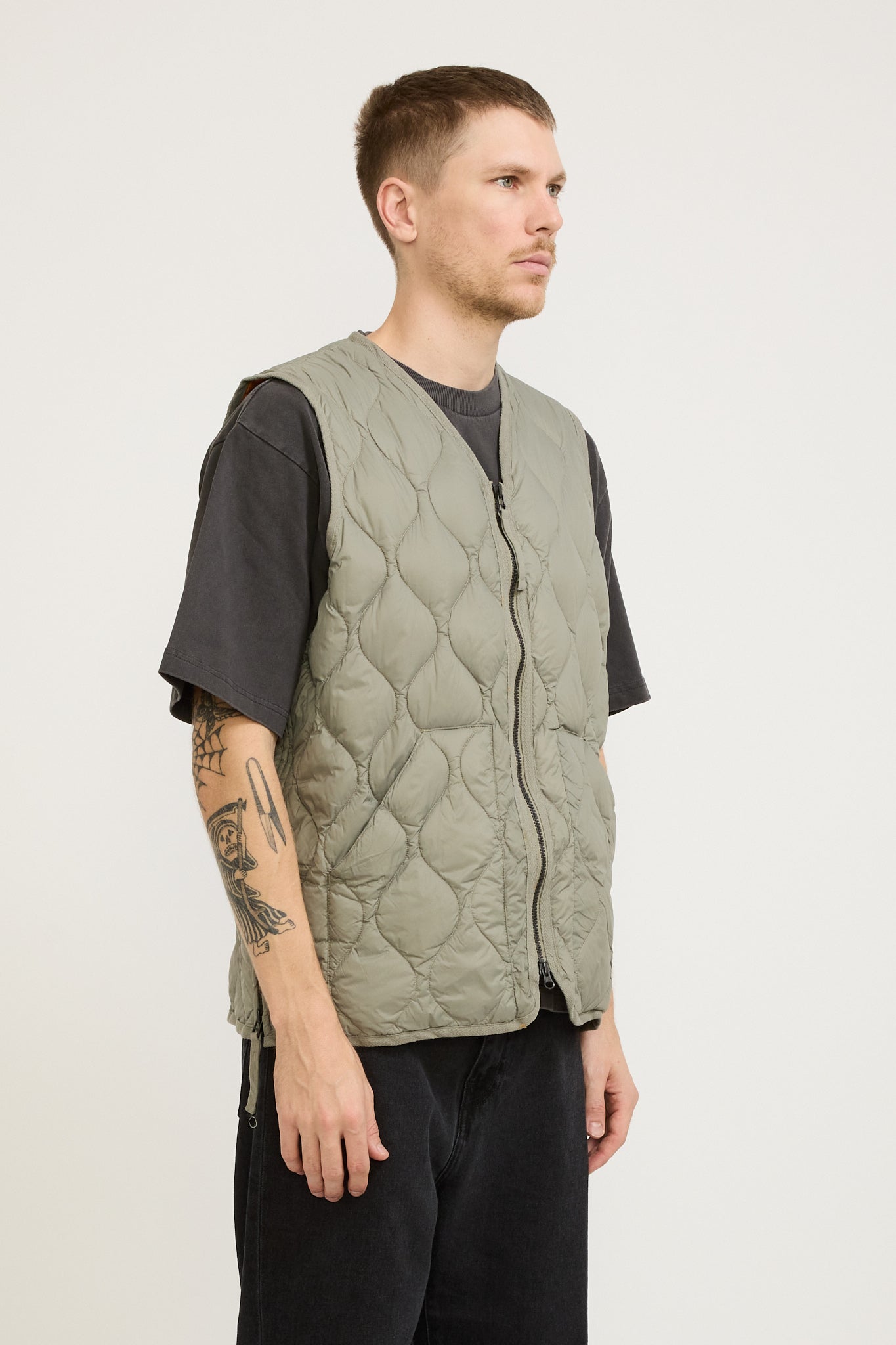 Military Zip V Neck Soft Shell Down Vest Dark Sage Green