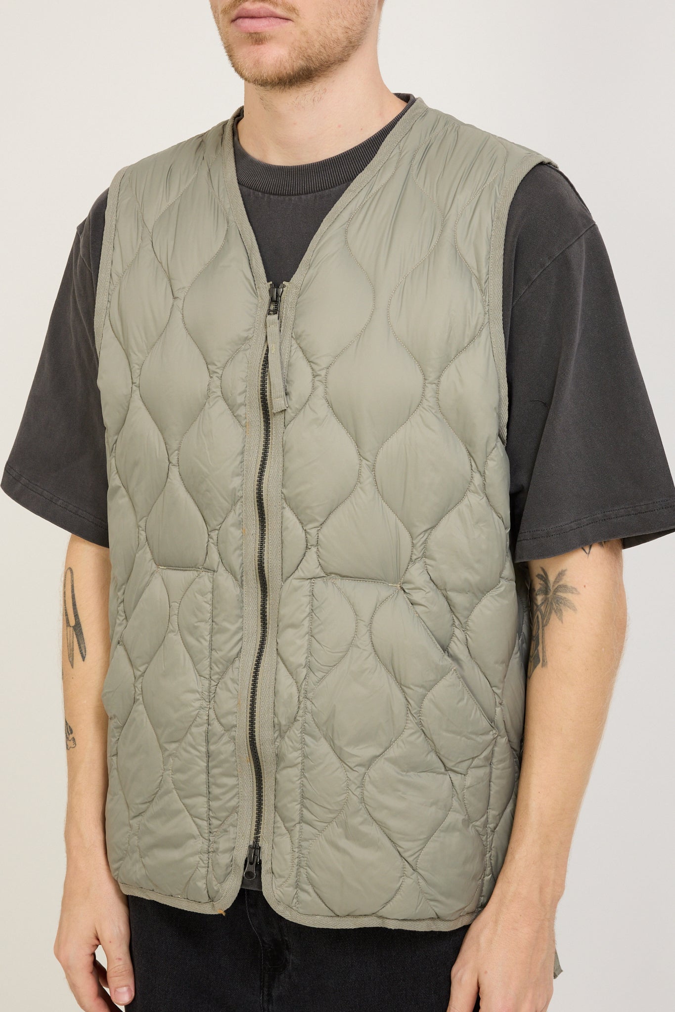 Military Zip V Neck Soft Shell Down Vest Dark Sage Green