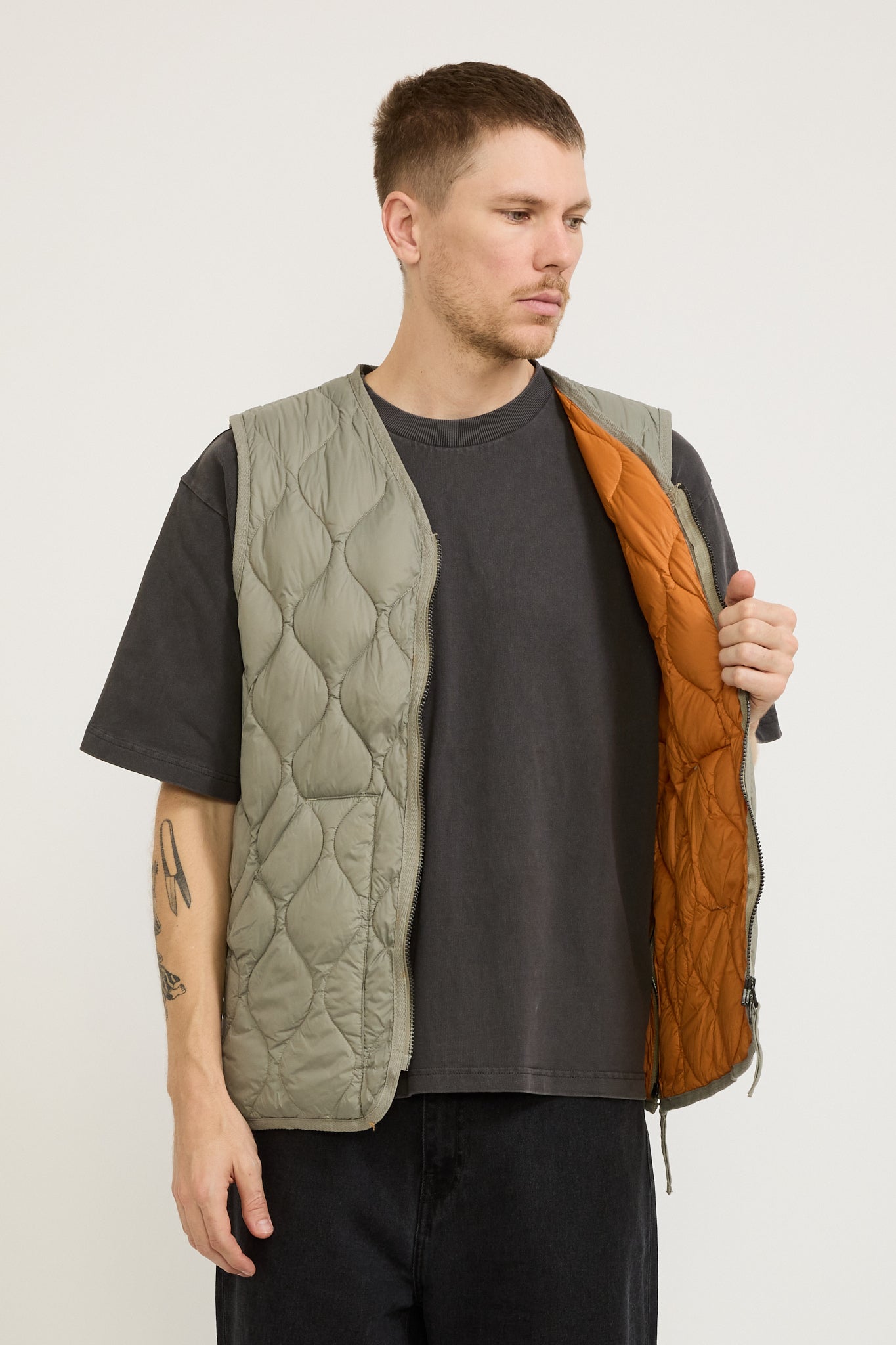 Military Zip V Neck Soft Shell Down Vest Dark Sage Green