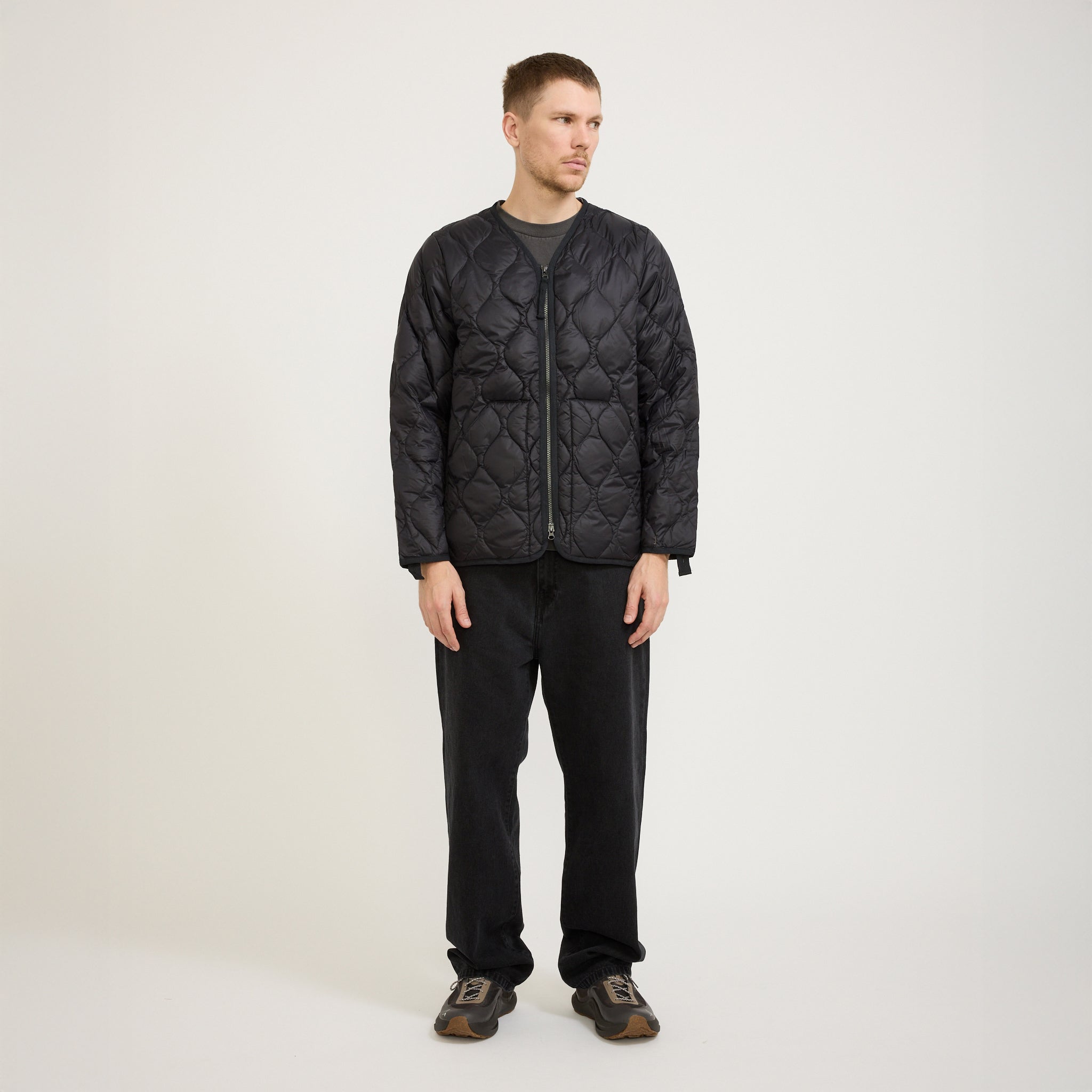 Military Zip V Neck Soft Shell Down Jacket Black