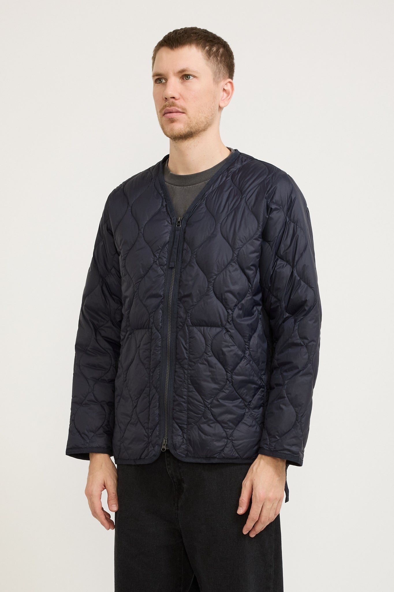 Military Zip V Neck Soft Shell Down Jacket Dark Navy