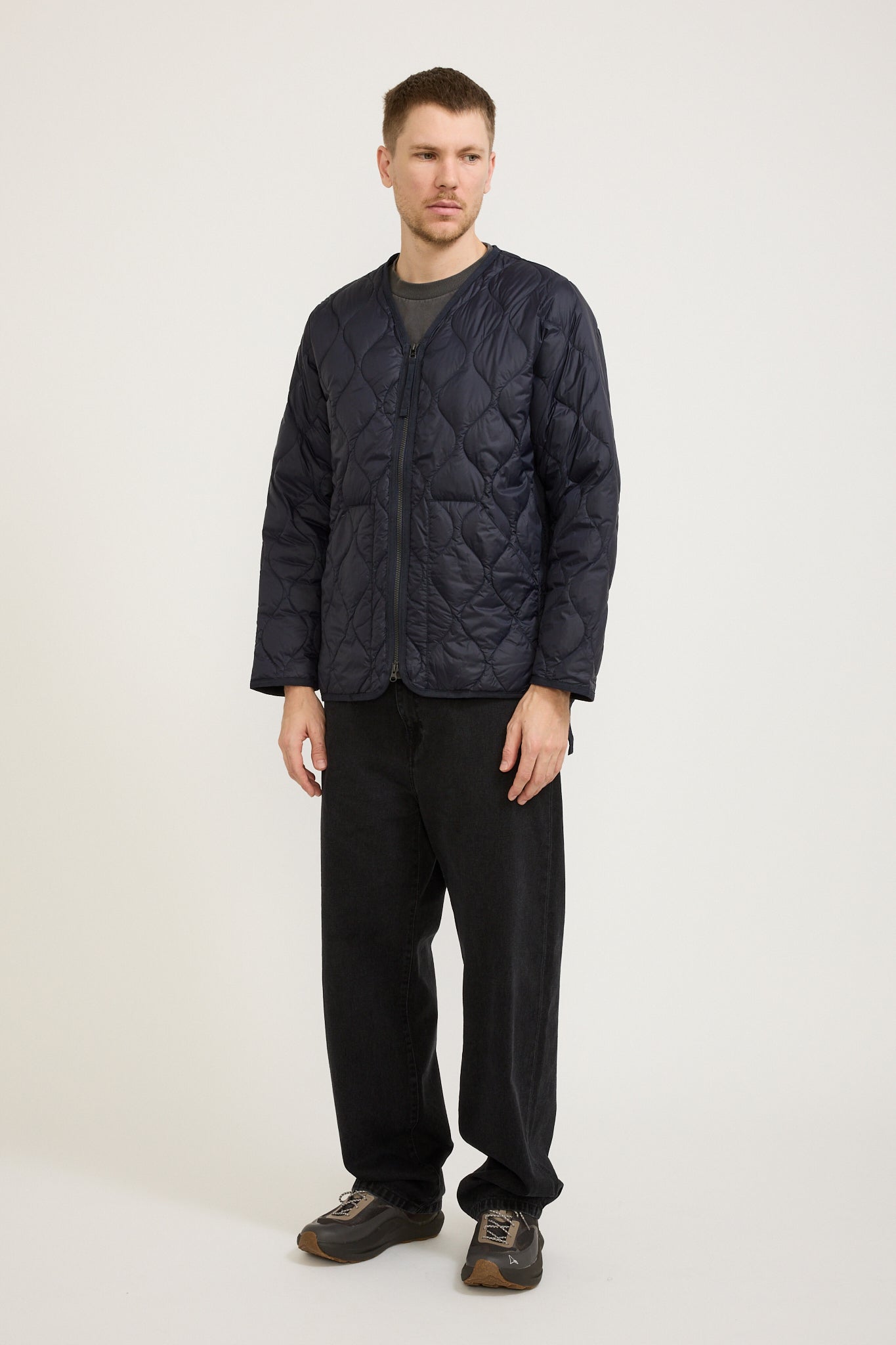 Military Zip V Neck Soft Shell Down Jacket Dark Navy
